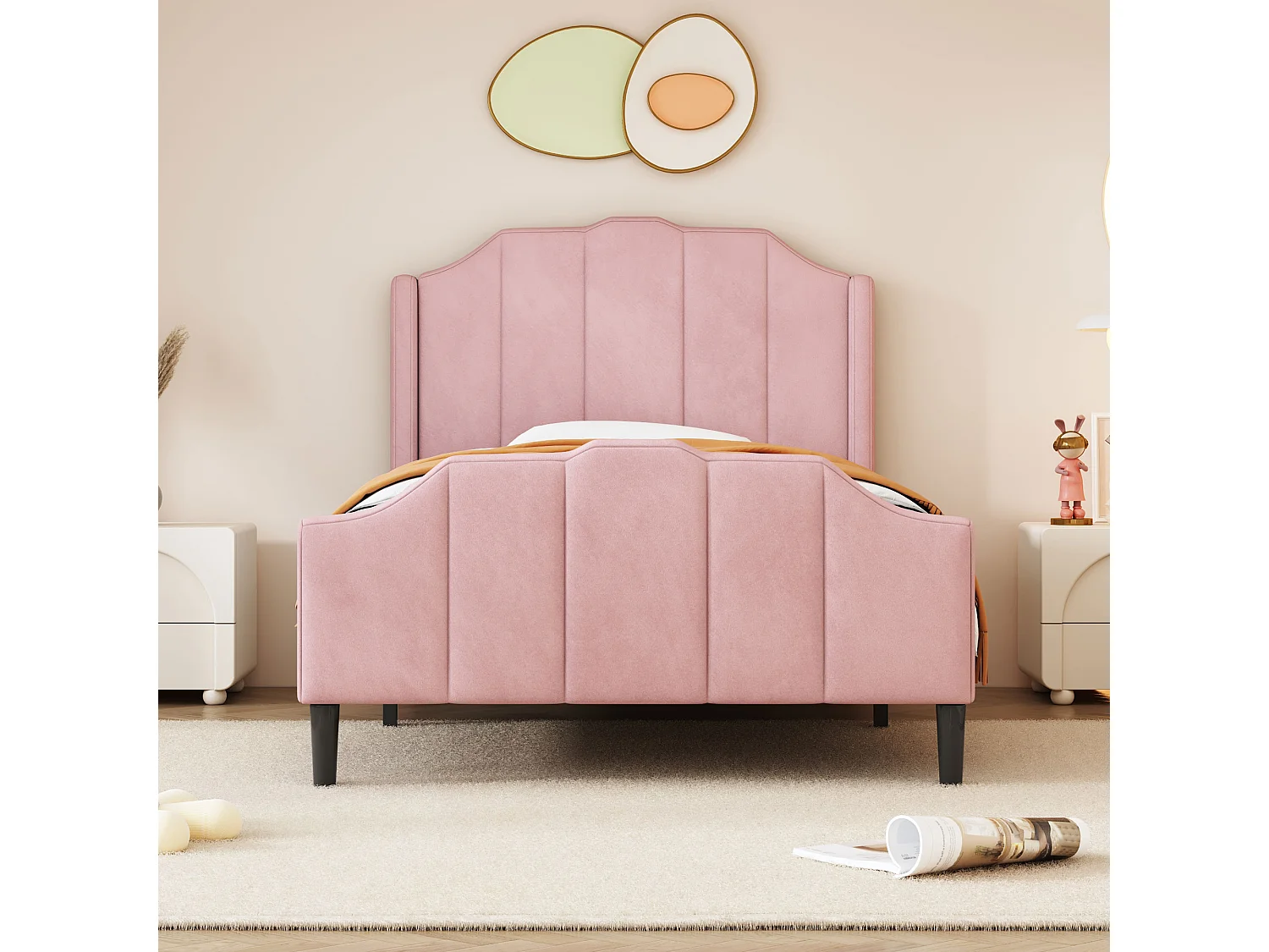 Lit enfant 90x200 cm avec tête de lit et pied de lit en PU simili cuir, LED et sommier (203x102x122 cm)