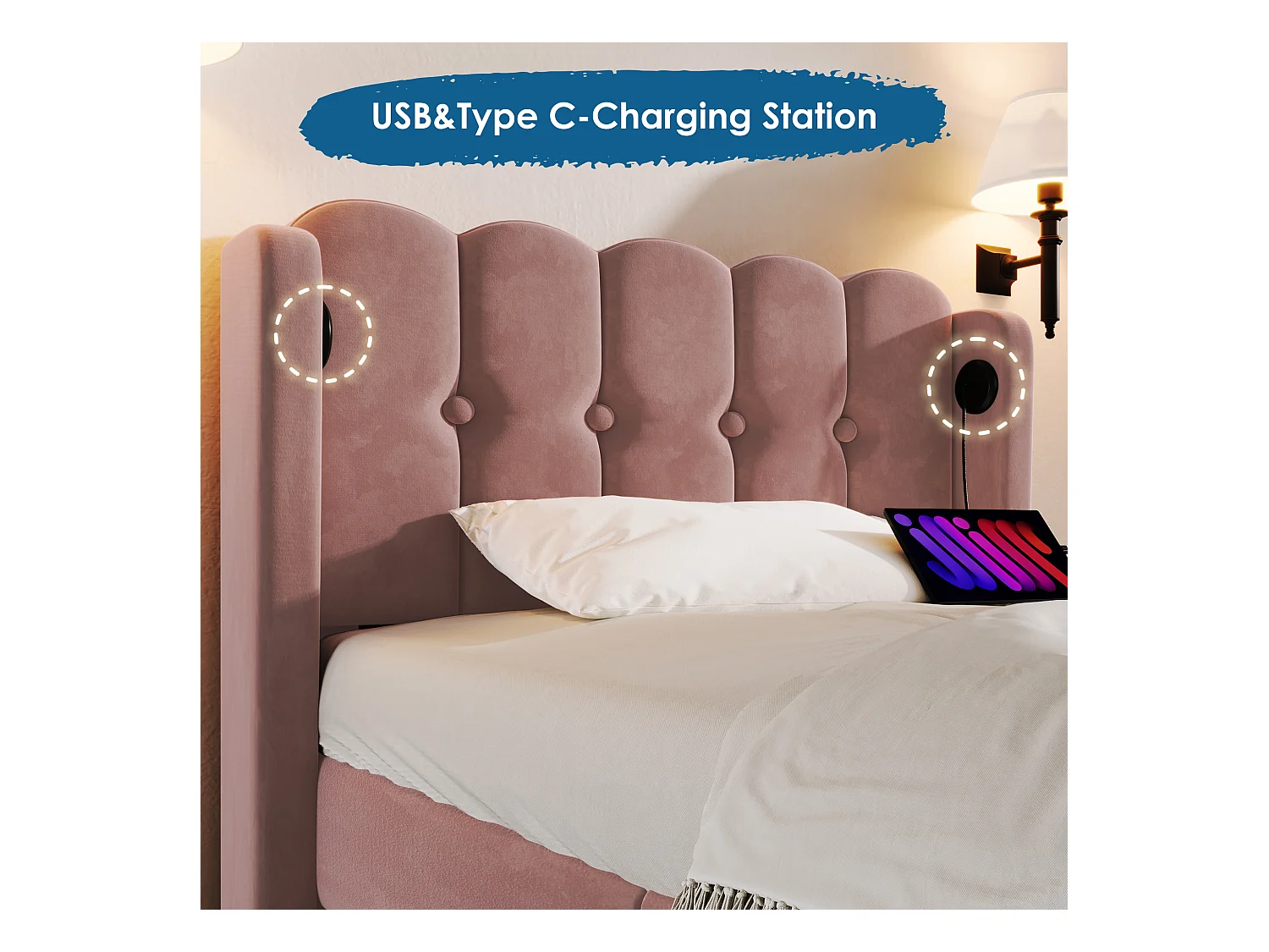 Lit simple avec fonction charge USB Type C, cadre rembourré en velours rose (103x208x103cm)