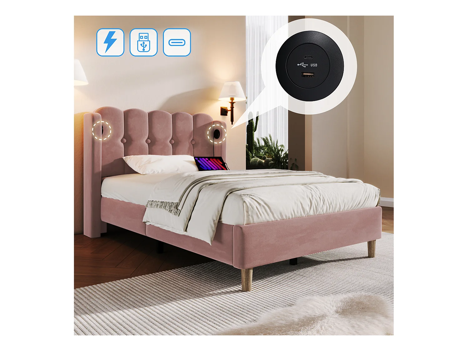 Lit simple avec fonction charge USB Type C, cadre rembourré en velours rose (103x208x103cm)