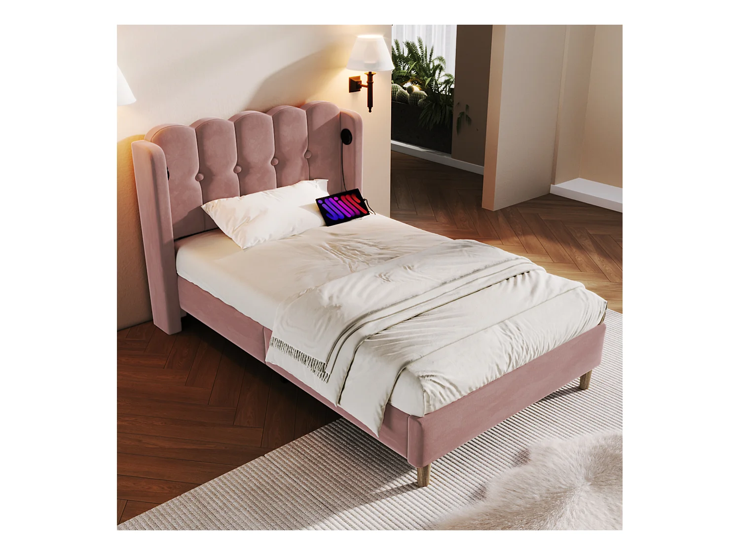 Lit simple avec fonction charge USB Type C, cadre rembourré en velours rose (103x208x103cm)