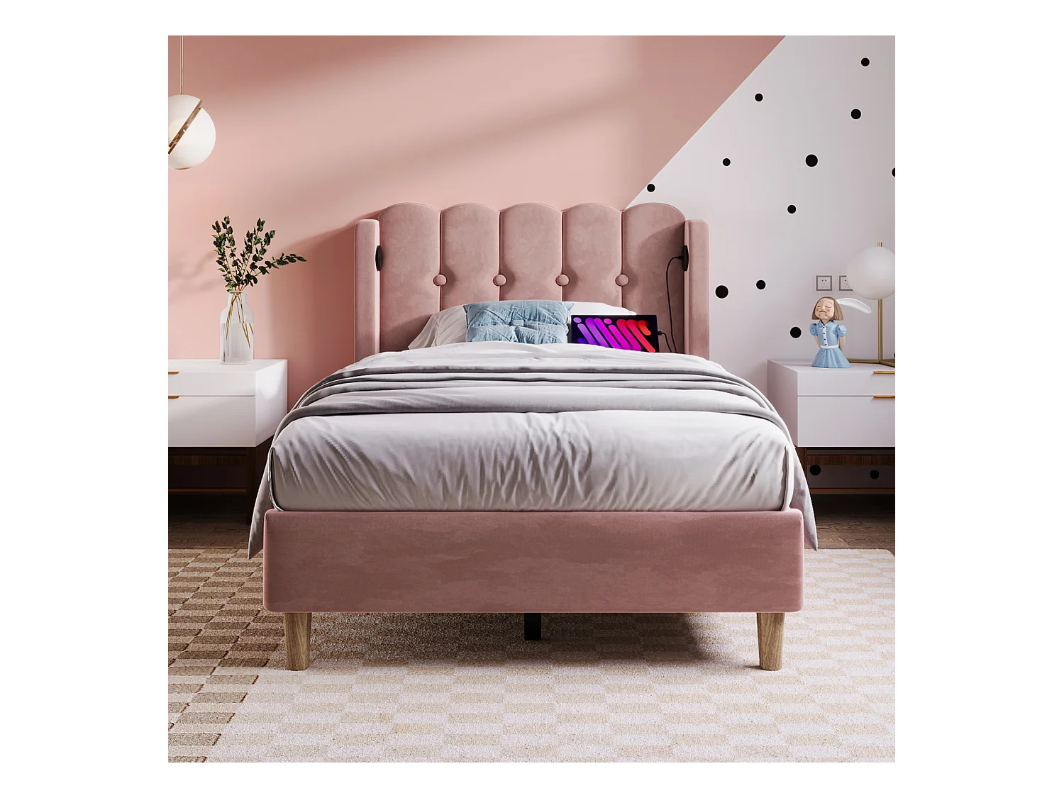 Lit simple avec fonction charge USB Type C, cadre rembourré en velours rose (103x208x103cm)