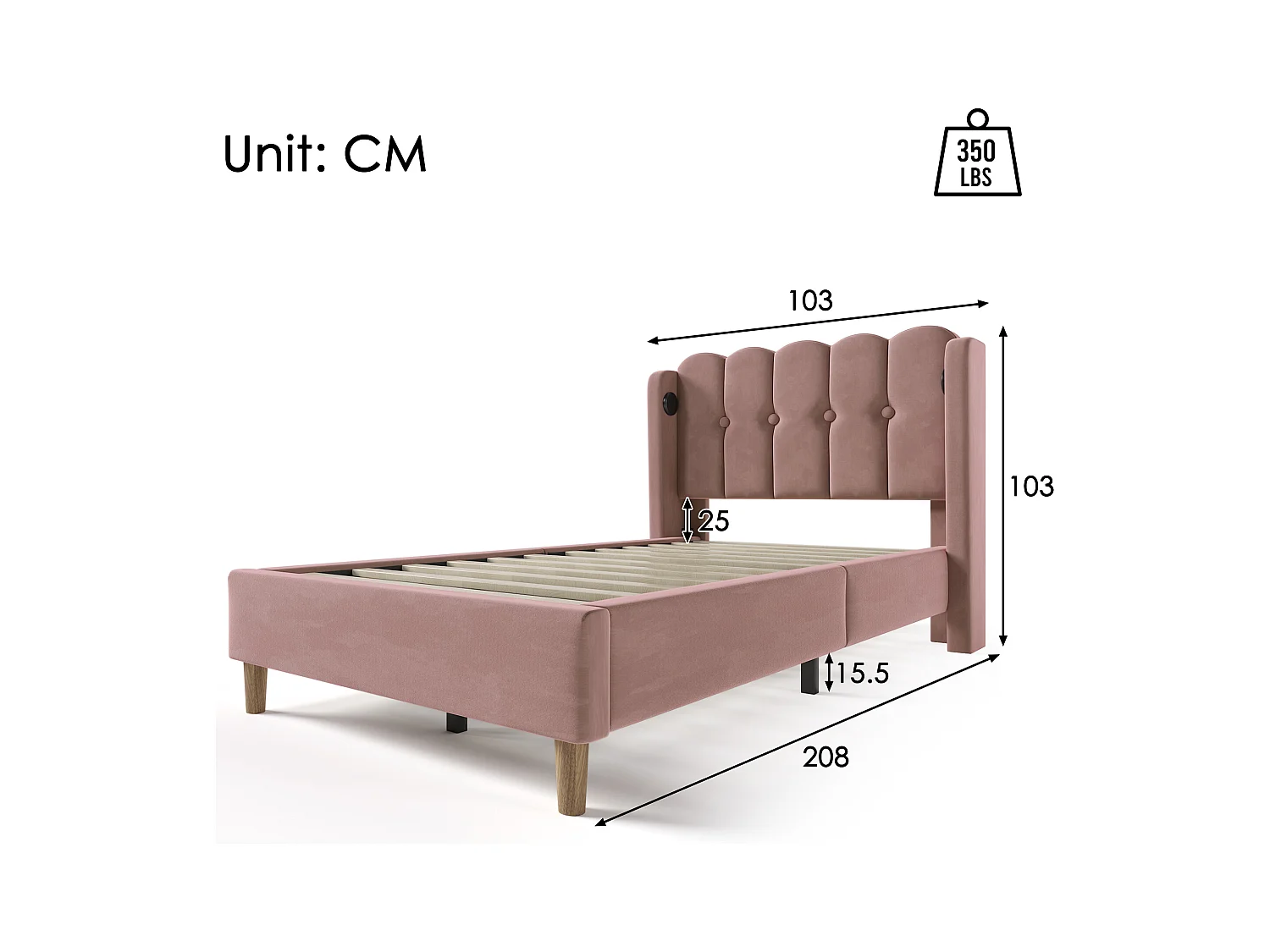 Lit simple avec fonction charge USB Type C, cadre rembourré en velours rose (103x208x103cm)