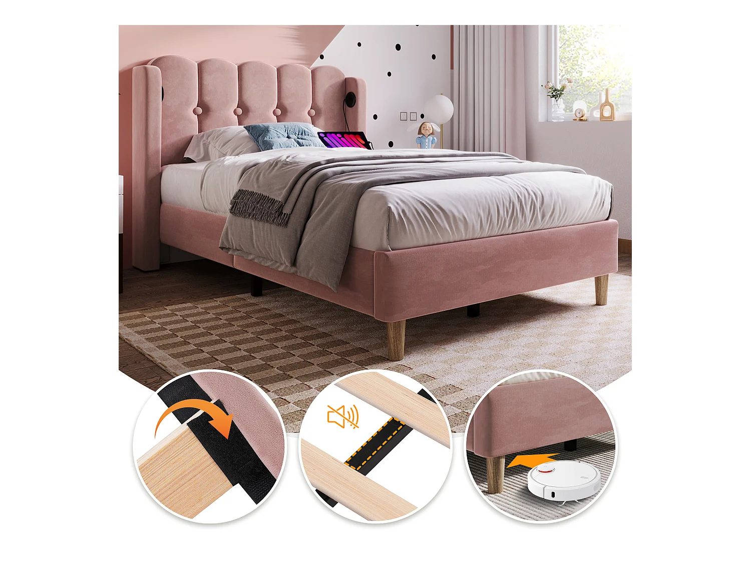 Lit simple avec fonction charge USB Type C, cadre rembourré en velours rose (103x208x103cm)