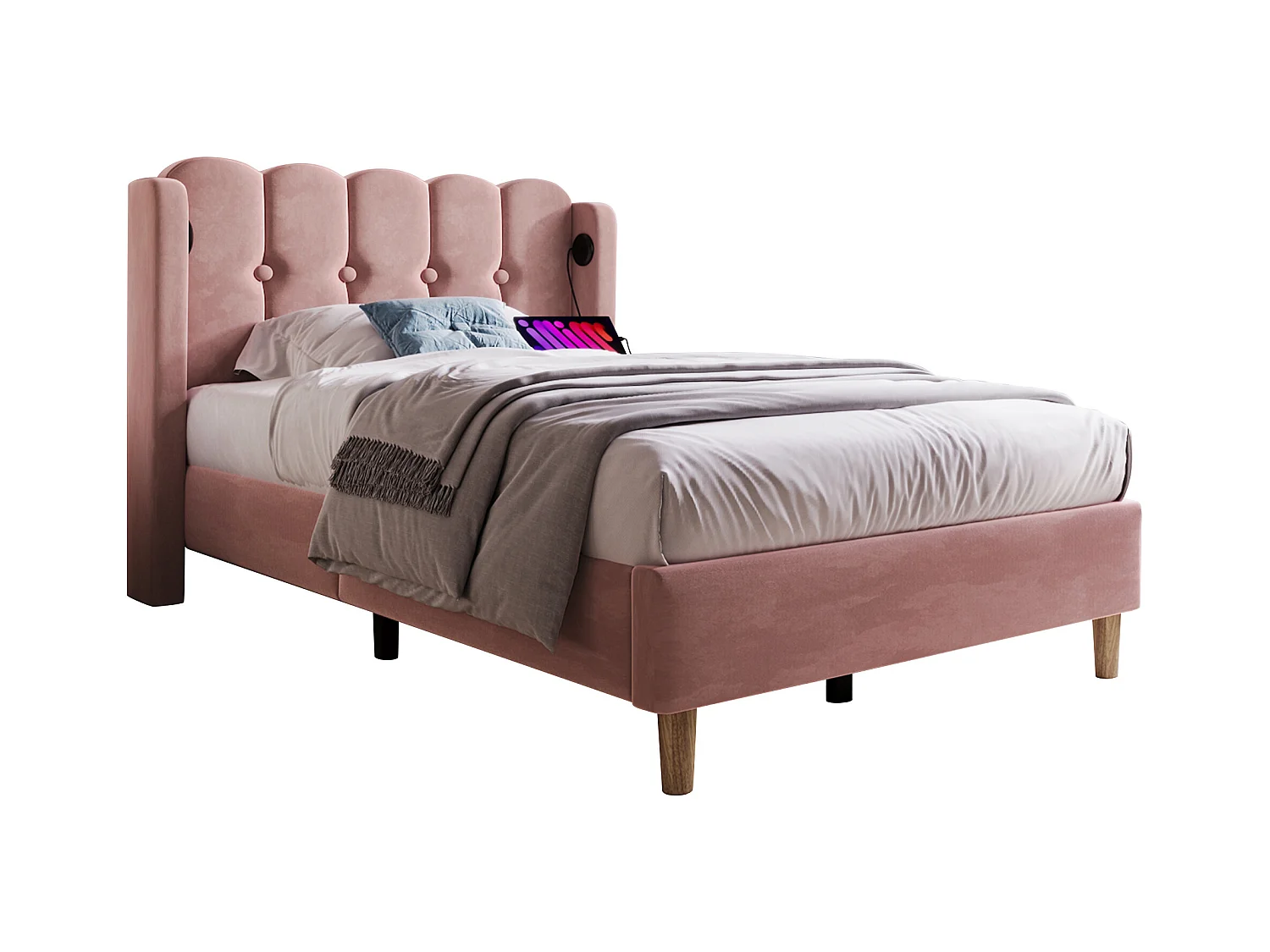 Lit simple avec fonction charge USB Type C, cadre rembourré en velours rose (103x208x103cm)