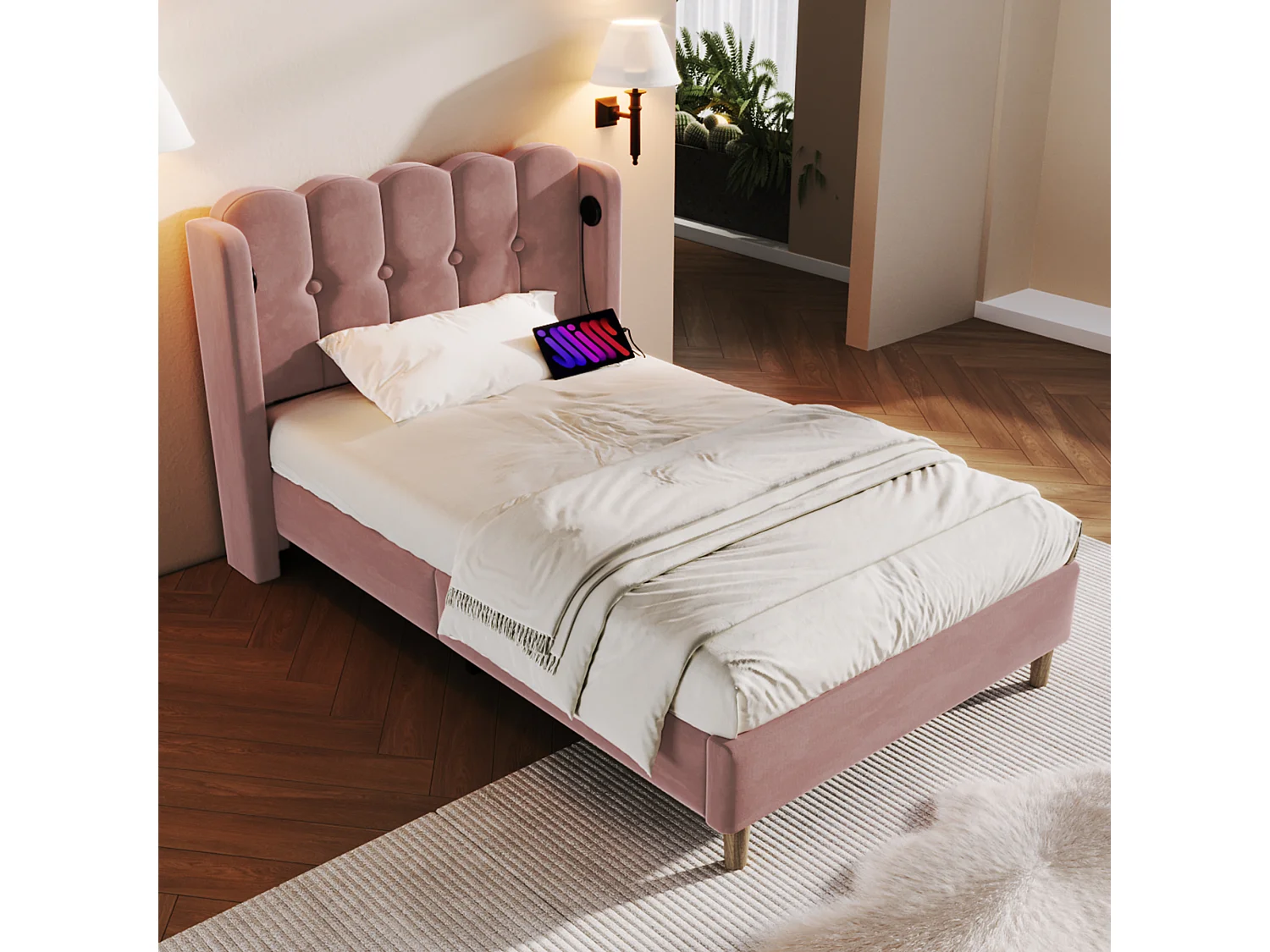 Lit simple avec fonction charge USB Type C, cadre rembourré en velours rose (103x208x103cm)