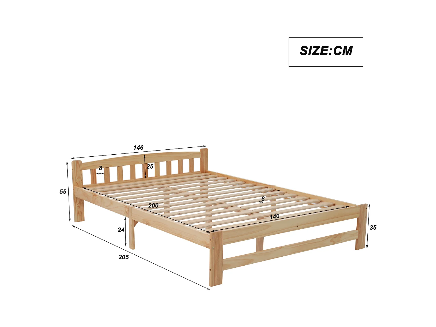 Lit double en bois massif, cadre en pin avec pied central, tête et pied de lit MDF, blanc et naturel, 140x200 cm (205x146x55 cm)  Détails du produit (format HTML) :