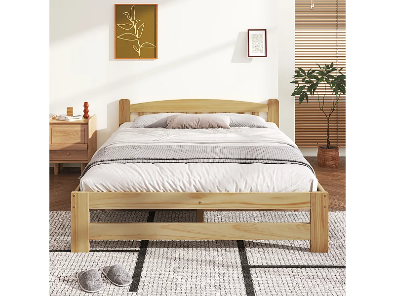 Lit double en bois massif, cadre en pin avec pied central, tête et pied de lit MDF, blanc et naturel, 140x200 cm (205x146x55 cm)  Détails du produit (format HTML) :