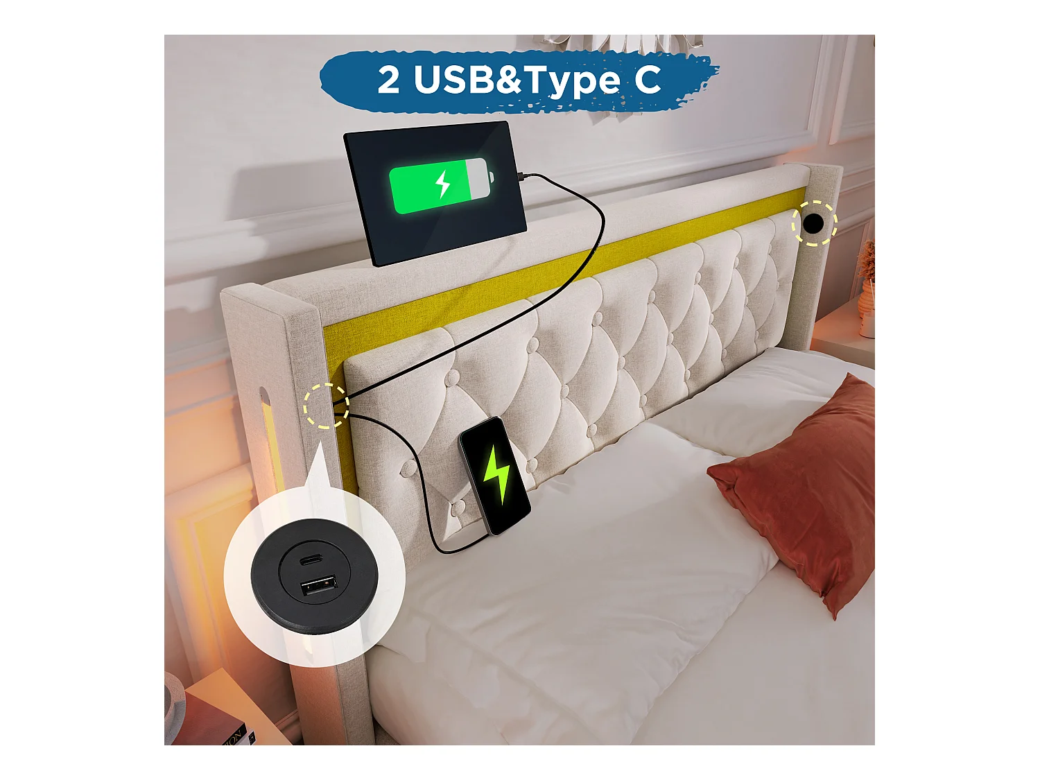 Lit avec fonction de charge USB Type-C, éclairage LED, tête de lit avec rangement, tissu en coton beige, 160x200 cm (Dimensions : 208x170x104 cm)