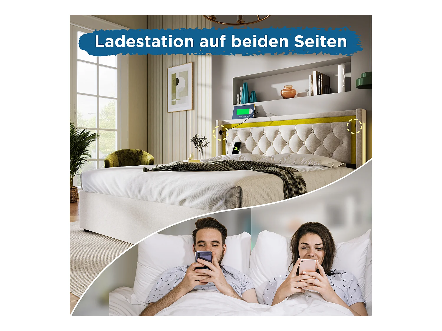 Lit avec fonction de charge USB Type-C, éclairage LED, tête de lit avec rangement, tissu en coton beige, 160x200 cm (Dimensions : 208x170x104 cm)