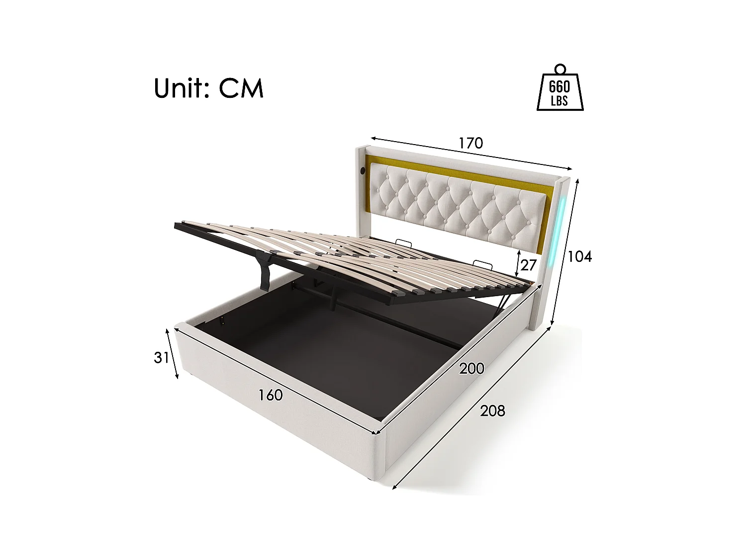 Lit avec fonction de charge USB Type-C, éclairage LED, tête de lit avec rangement, tissu en coton beige, 160x200 cm (Dimensions : 208x170x104 cm)
