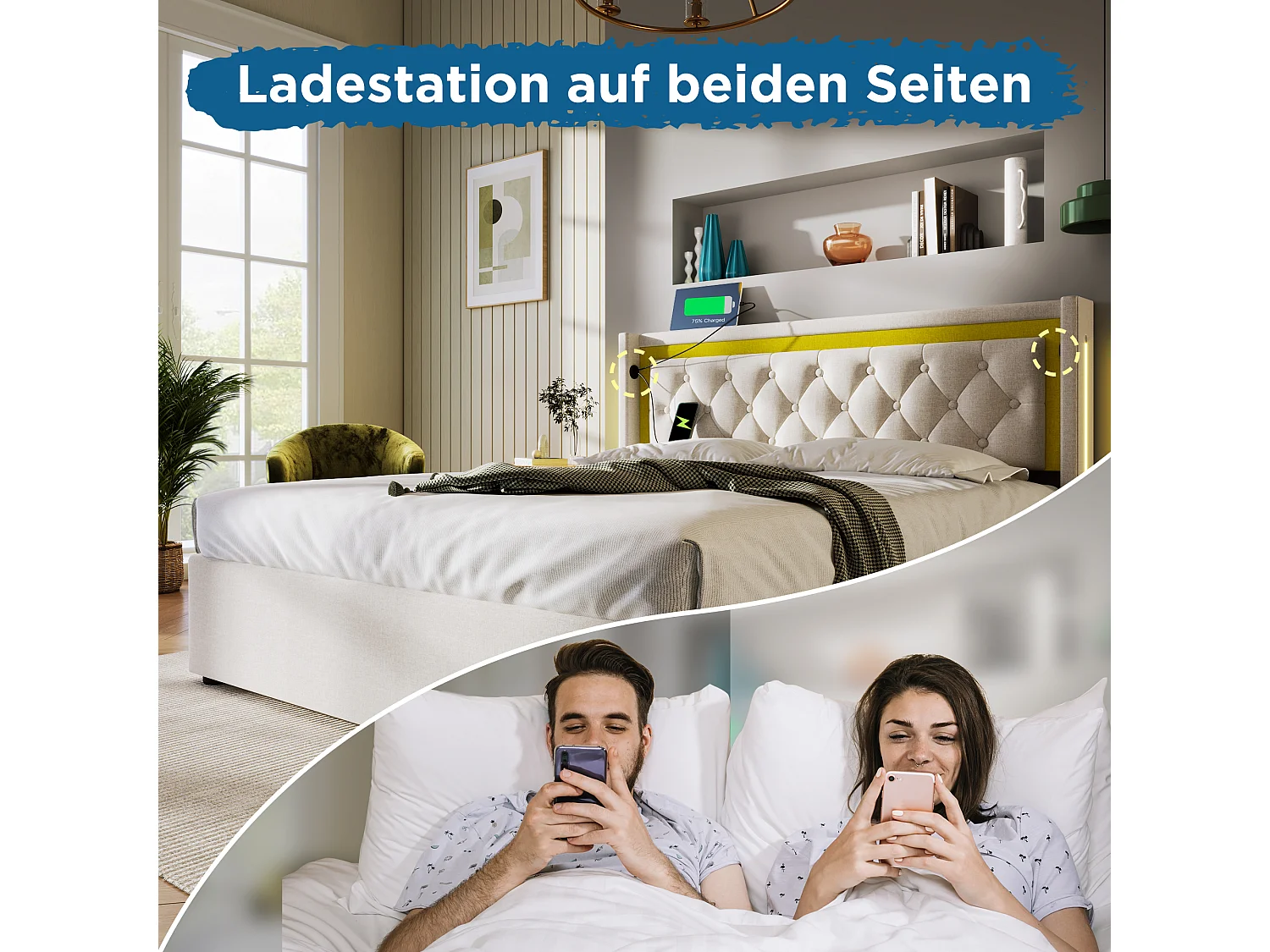 Lit avec fonction de charge USB Type-C, éclairage LED, tête de lit avec rangement, tissu en coton beige, 160x200 cm (Dimensions : 208x170x104 cm)