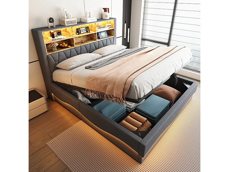 Bed met hydraulische opbergruimte 180x200 cm, met app-gestuurde led's, USB-aansluiting, metaal, beige linnen (221x183x131 cm)