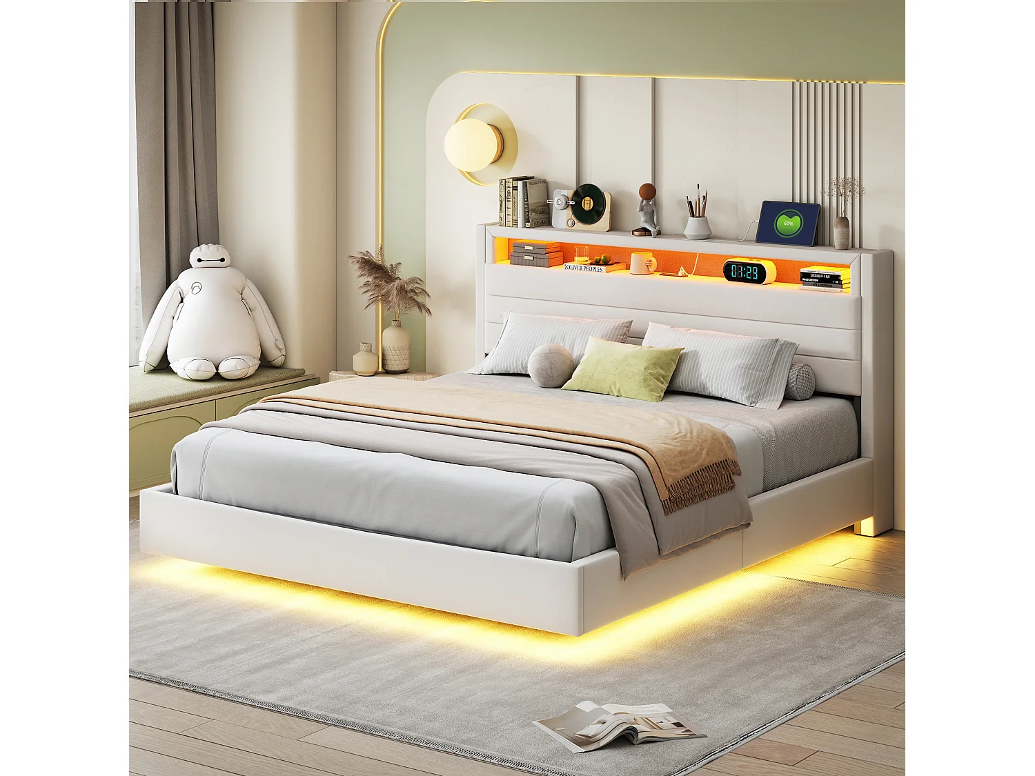 Lit avec tête inclinable 160x200 cm, cadre flottant hydraulique avec rangement, USB et LED, tissu beige (214x161x110 cm)