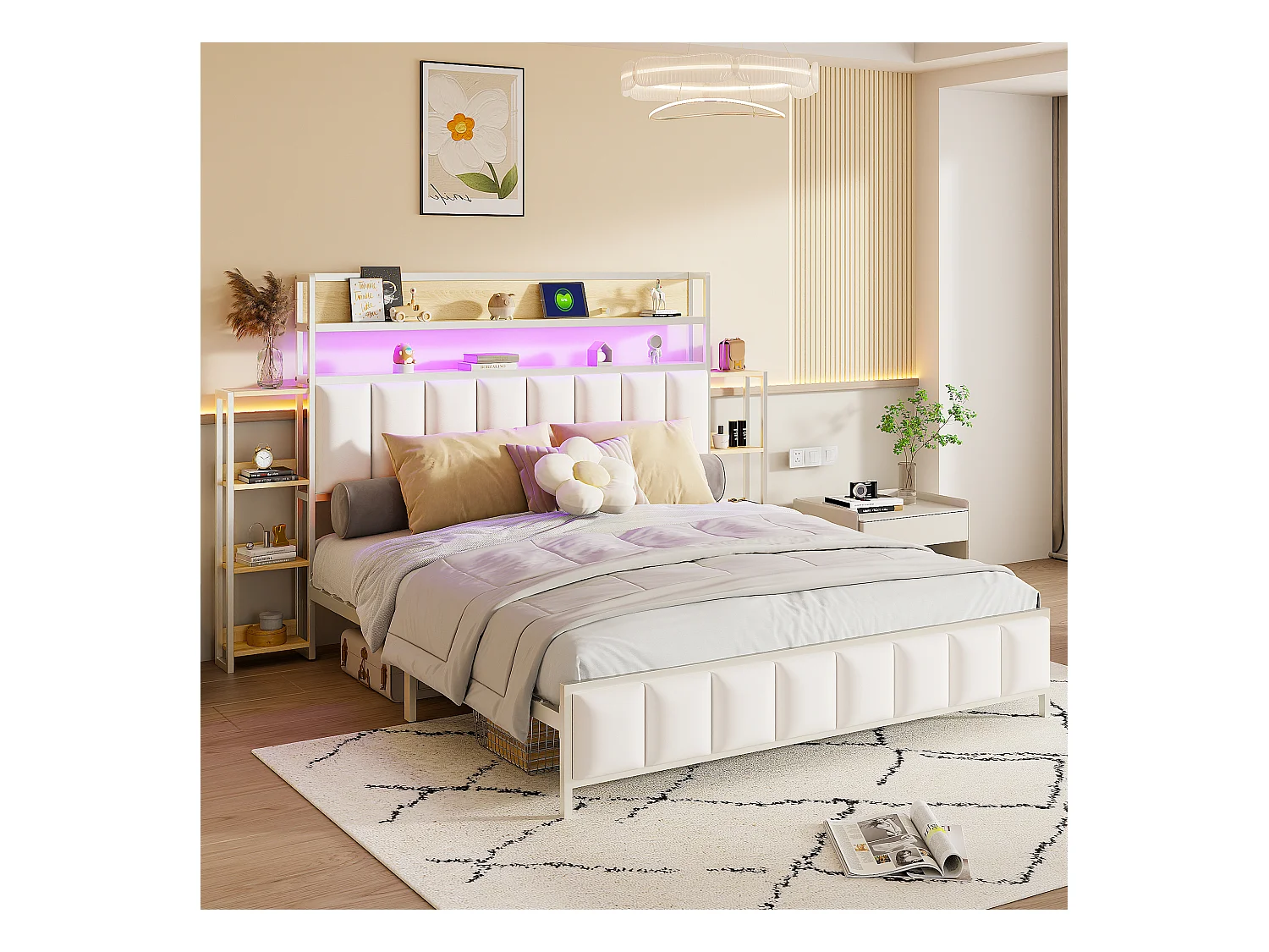 Lit tapissier 160x200 cm avec rangements intégrés, éclairage LED, tête de lit fonctionnelle, cadre en fer massif, simili cuir blanc (222x225x115.5 cm)