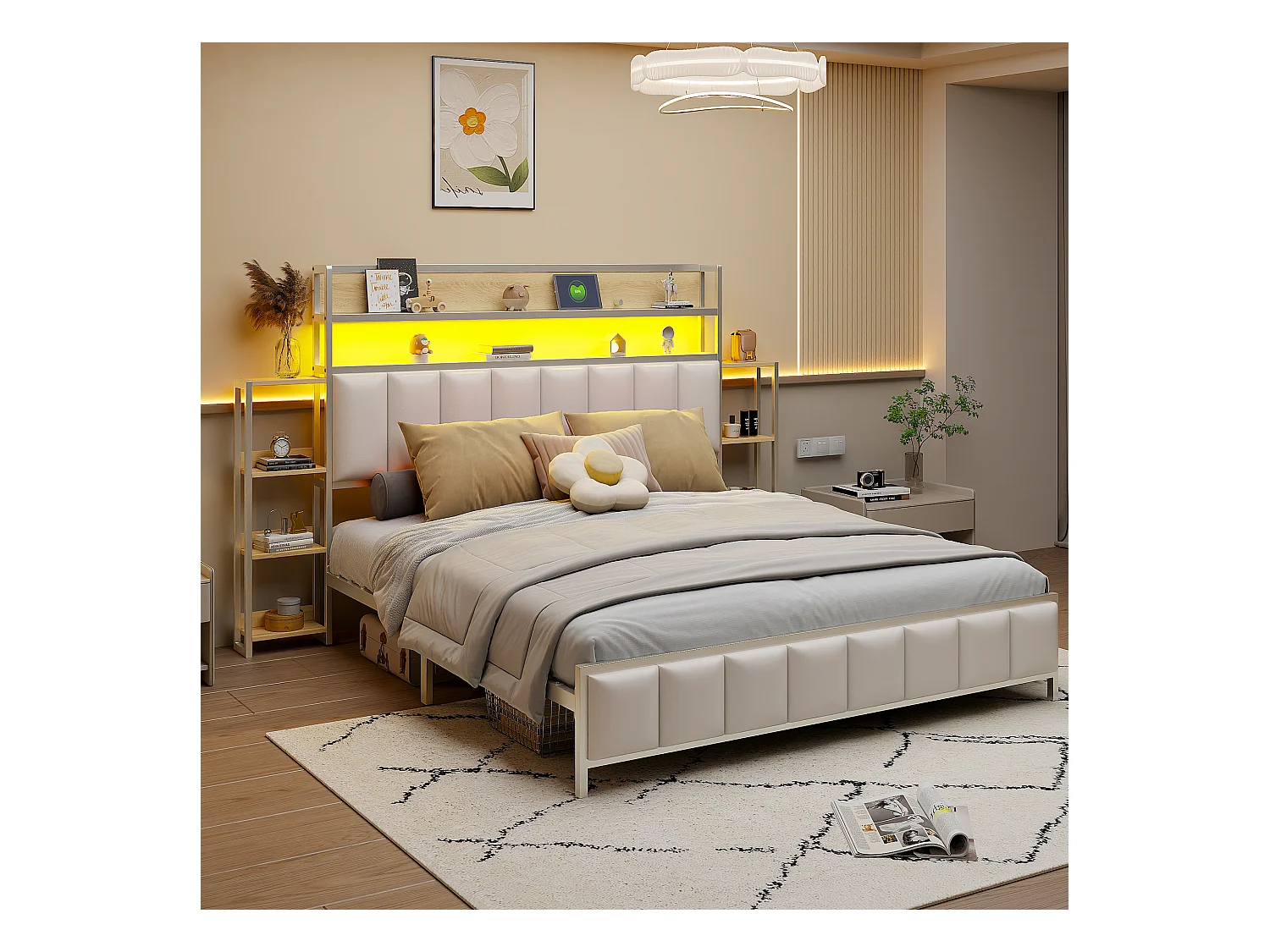 Lit tapissier 160x200 cm avec rangements intégrés, éclairage LED, tête de lit fonctionnelle, cadre en fer massif, simili cuir blanc (222x225x115.5 cm)