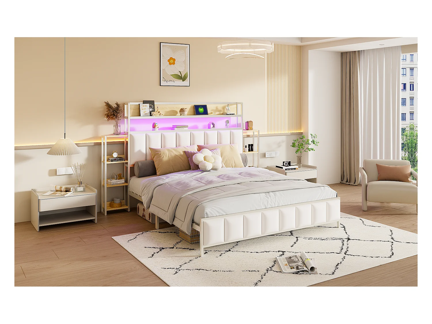 Lit tapissier 160x200 cm avec rangements intégrés, éclairage LED, tête de lit fonctionnelle, cadre en fer massif, simili cuir blanc (222x225x115.5 cm)