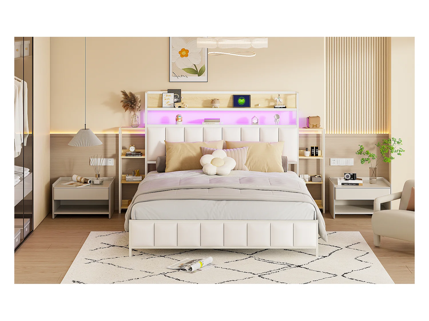 Lit tapissier 160x200 cm avec rangements intégrés, éclairage LED, tête de lit fonctionnelle, cadre en fer massif, simili cuir blanc (222x225x115.5 cm)