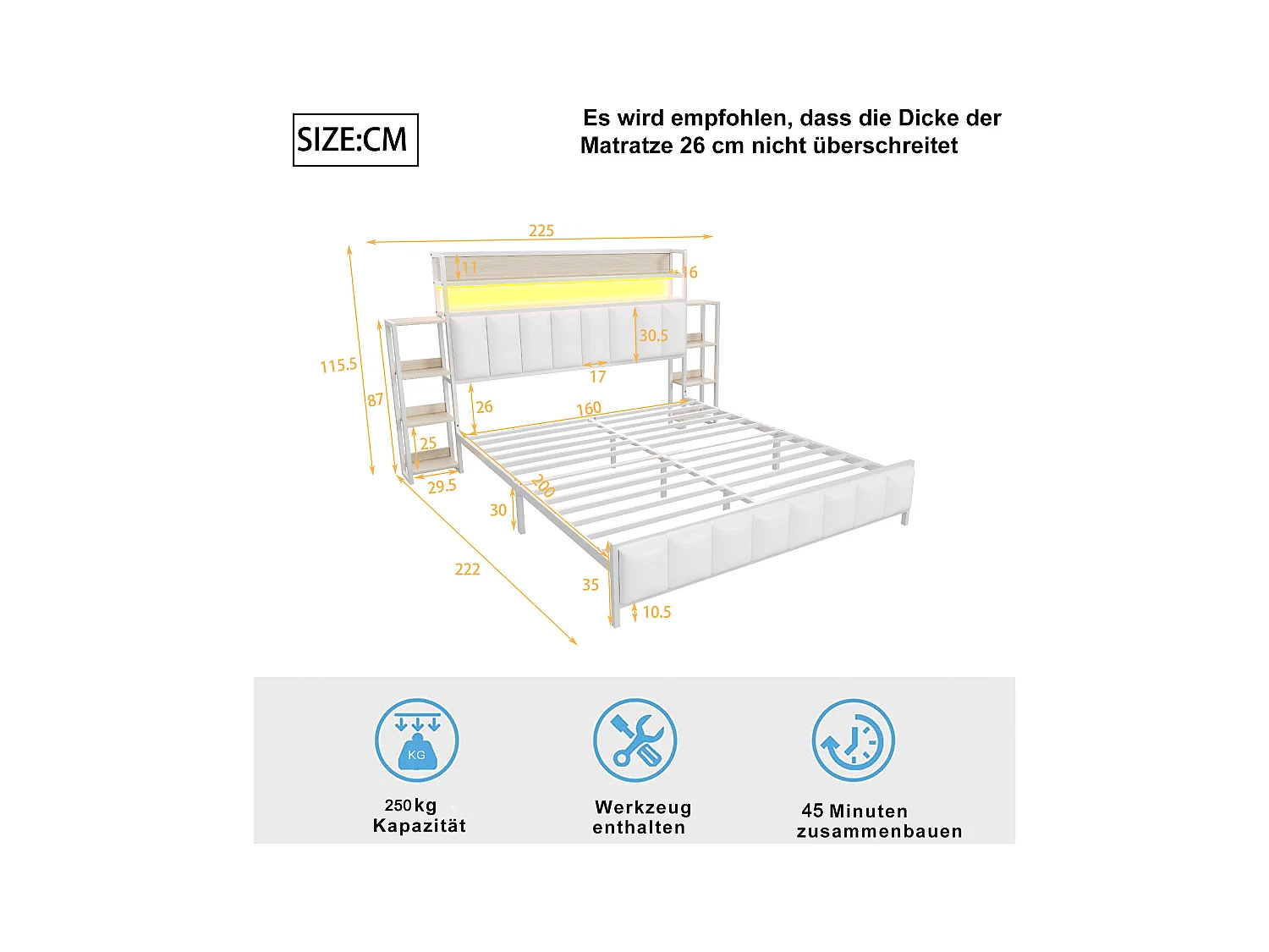 Lit tapissier 160x200 cm avec rangements intégrés, éclairage LED, tête de lit fonctionnelle, cadre en fer massif, simili cuir blanc (222x225x115.5 cm)