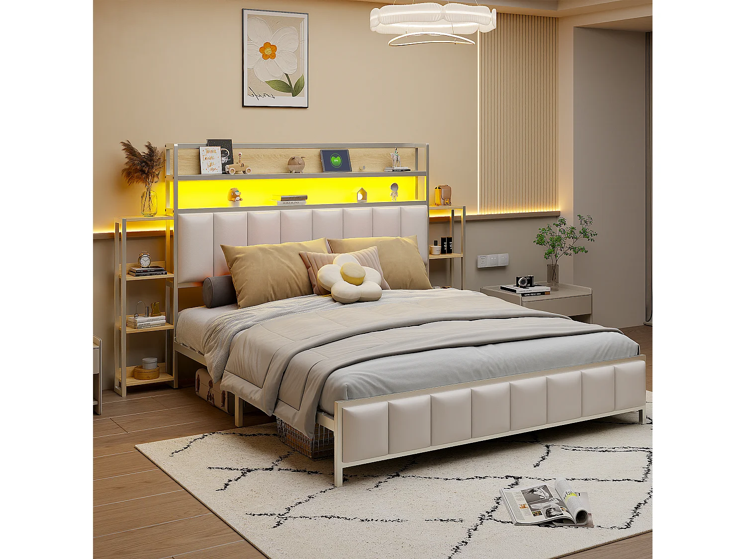 Gestoffeerd bed 160x200 cm met geïntegreerde opbergruimte, ledverlichting, functioneel hoofdeinde, massief ijzeren frame, wit imitatieleer (222x225x115,5 cm)