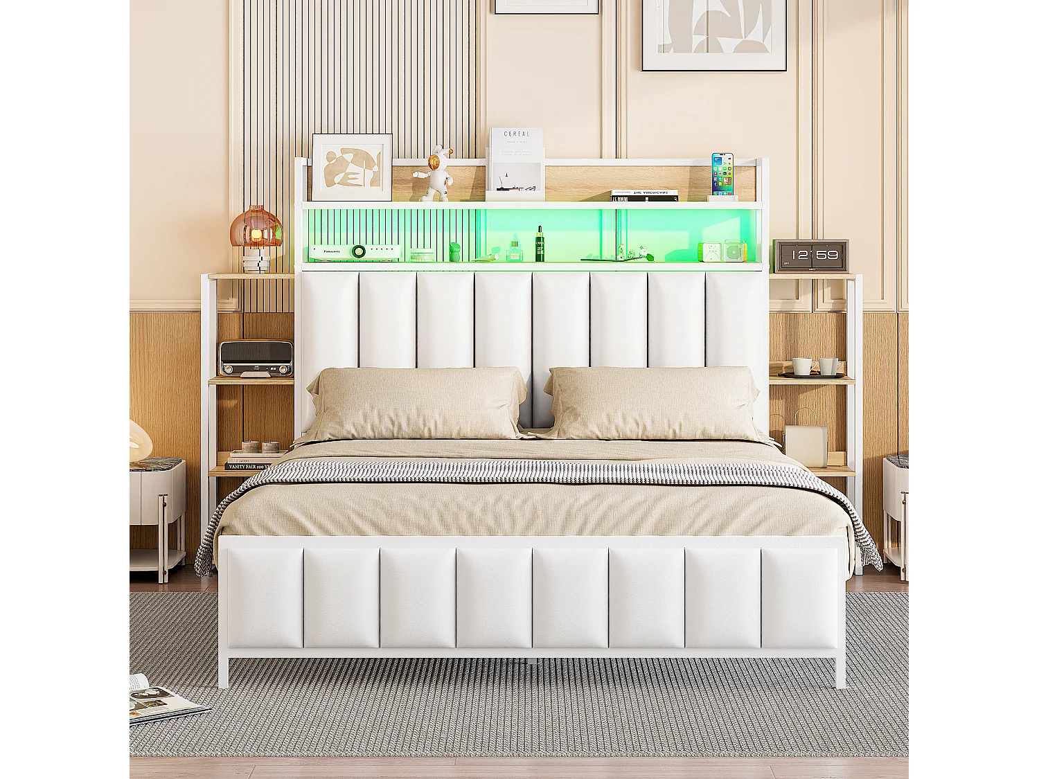 Gestoffeerd bed 160x200 cm met geïntegreerde opbergruimte, ledverlichting, functioneel hoofdeinde, massief ijzeren frame, wit imitatieleer (222x225x115,5 cm)