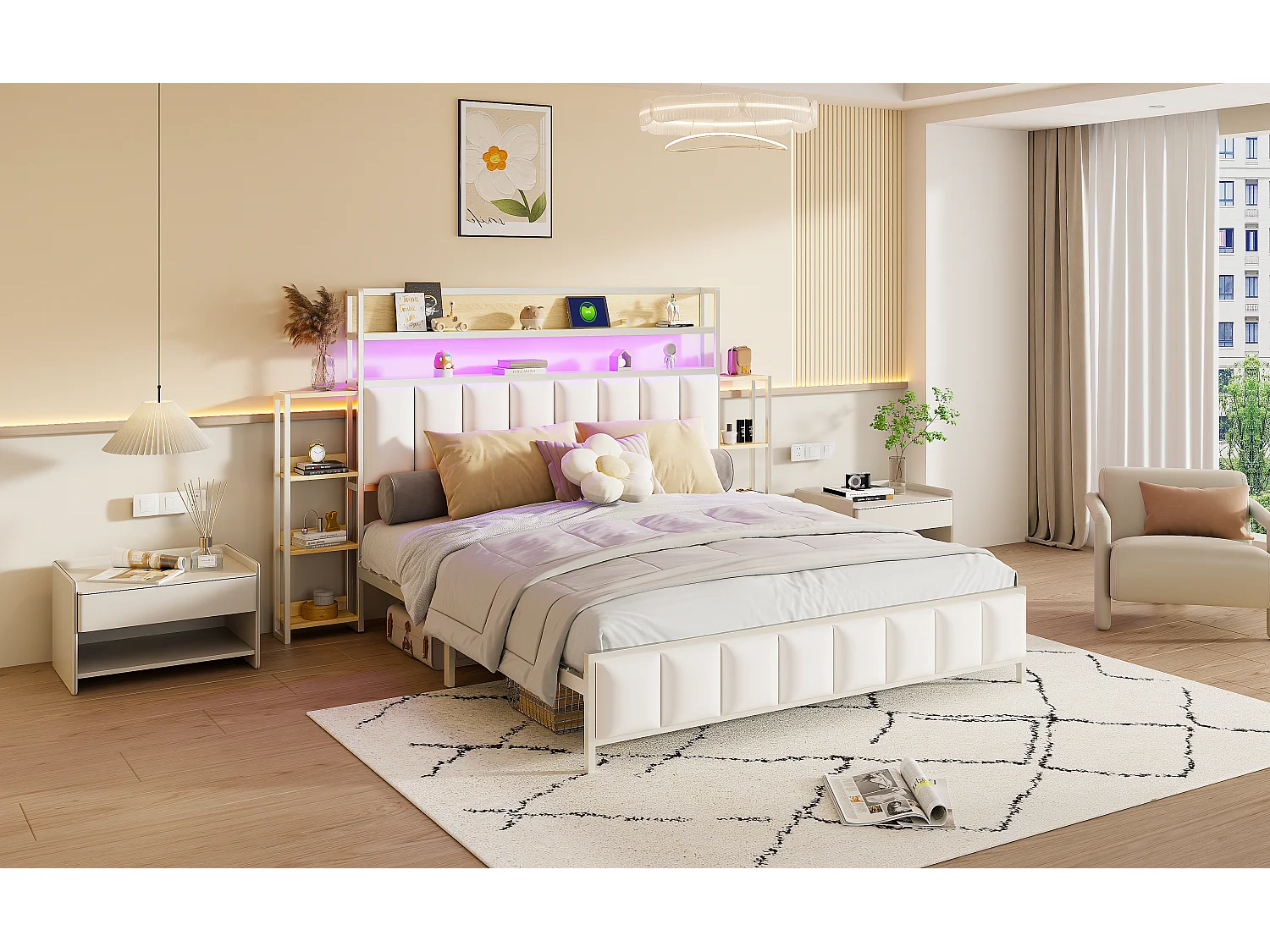 Gestoffeerd bed 160x200 cm met geïntegreerde opbergruimte, ledverlichting, functioneel hoofdeinde, massief ijzeren frame, wit imitatieleer (222x225x115,5 cm)
