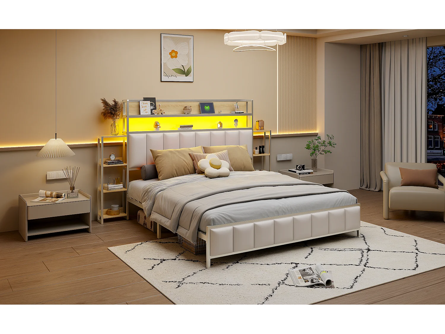 Gestoffeerd bed 160x200 cm met geïntegreerde opbergruimte, ledverlichting, functioneel hoofdeinde, massief ijzeren frame, wit imitatieleer (222x225x115,5 cm)