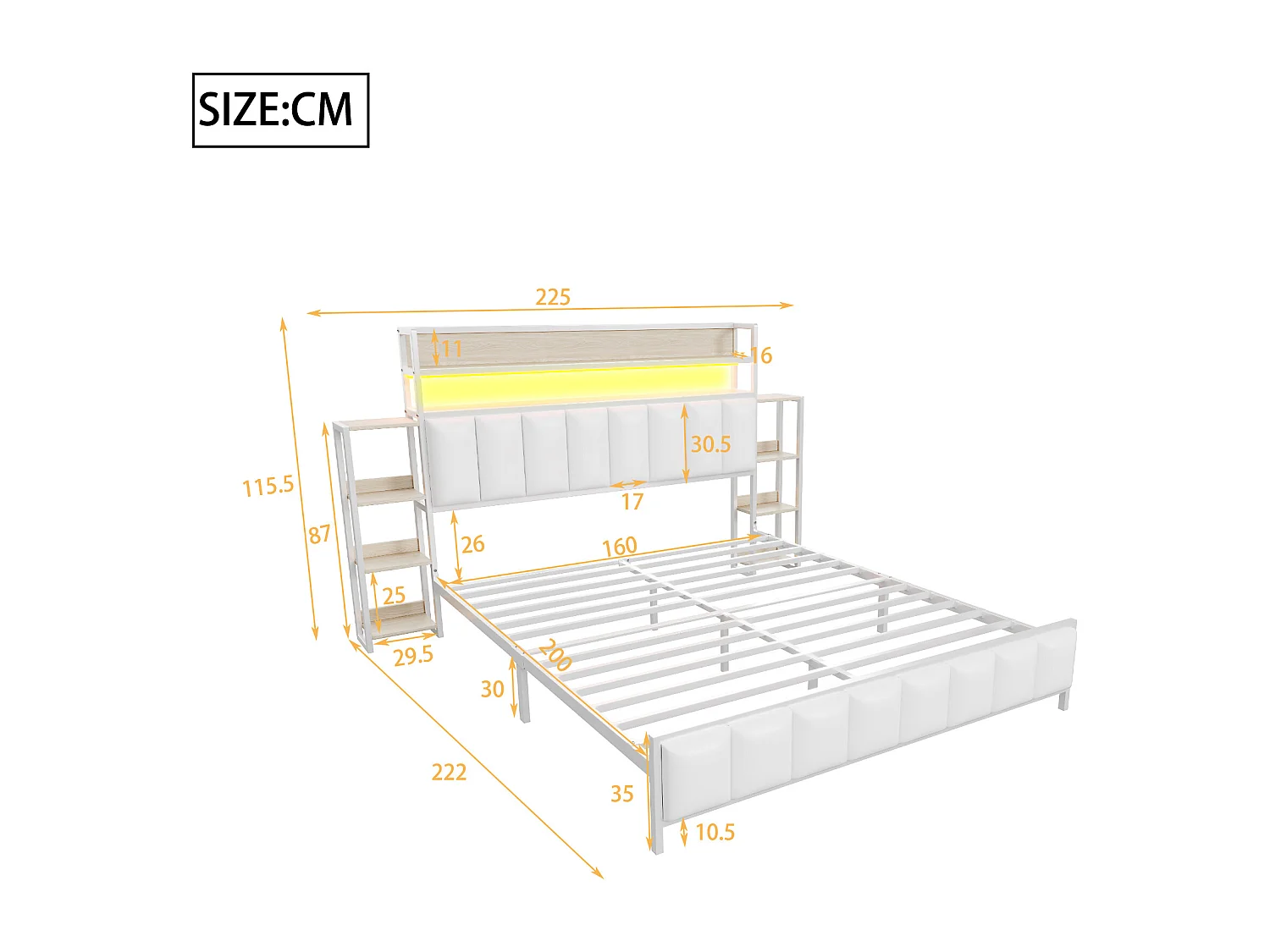 Gestoffeerd bed 160x200 cm met geïntegreerde opbergruimte, ledverlichting, functioneel hoofdeinde, massief ijzeren frame, wit imitatieleer (222x225x115,5 cm)