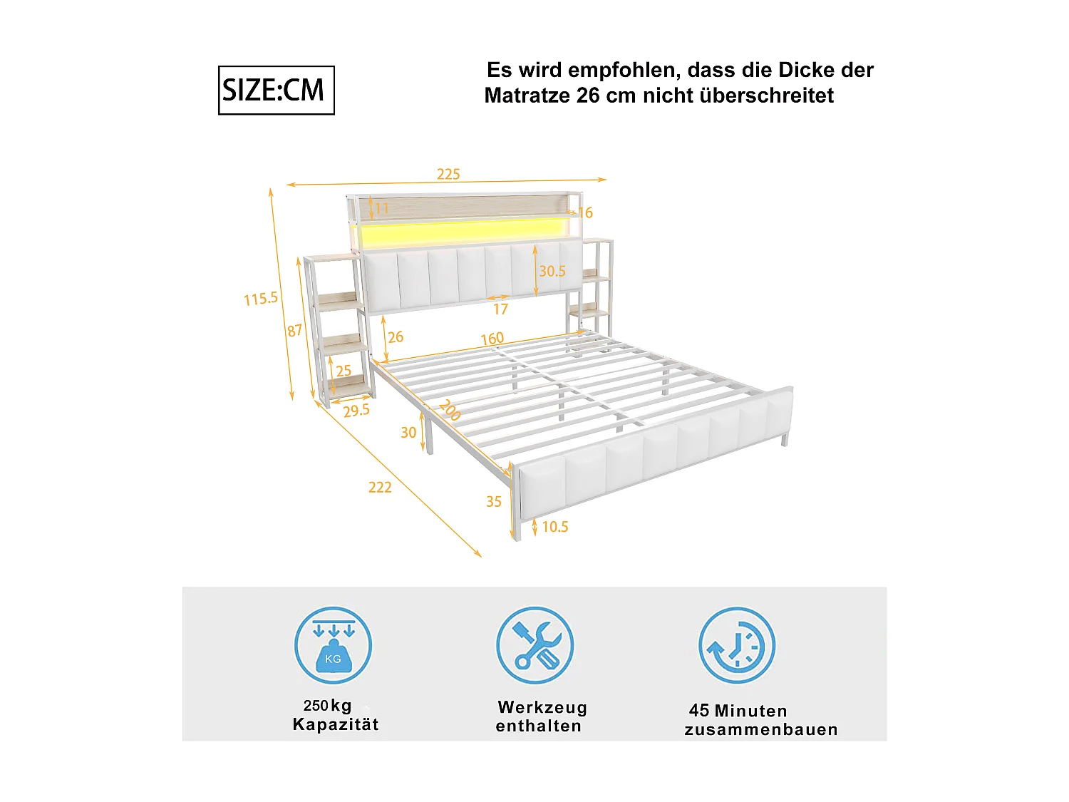 Gestoffeerd bed 160x200 cm met geïntegreerde opbergruimte, ledverlichting, functioneel hoofdeinde, massief ijzeren frame, wit imitatieleer (222x225x115,5 cm)
