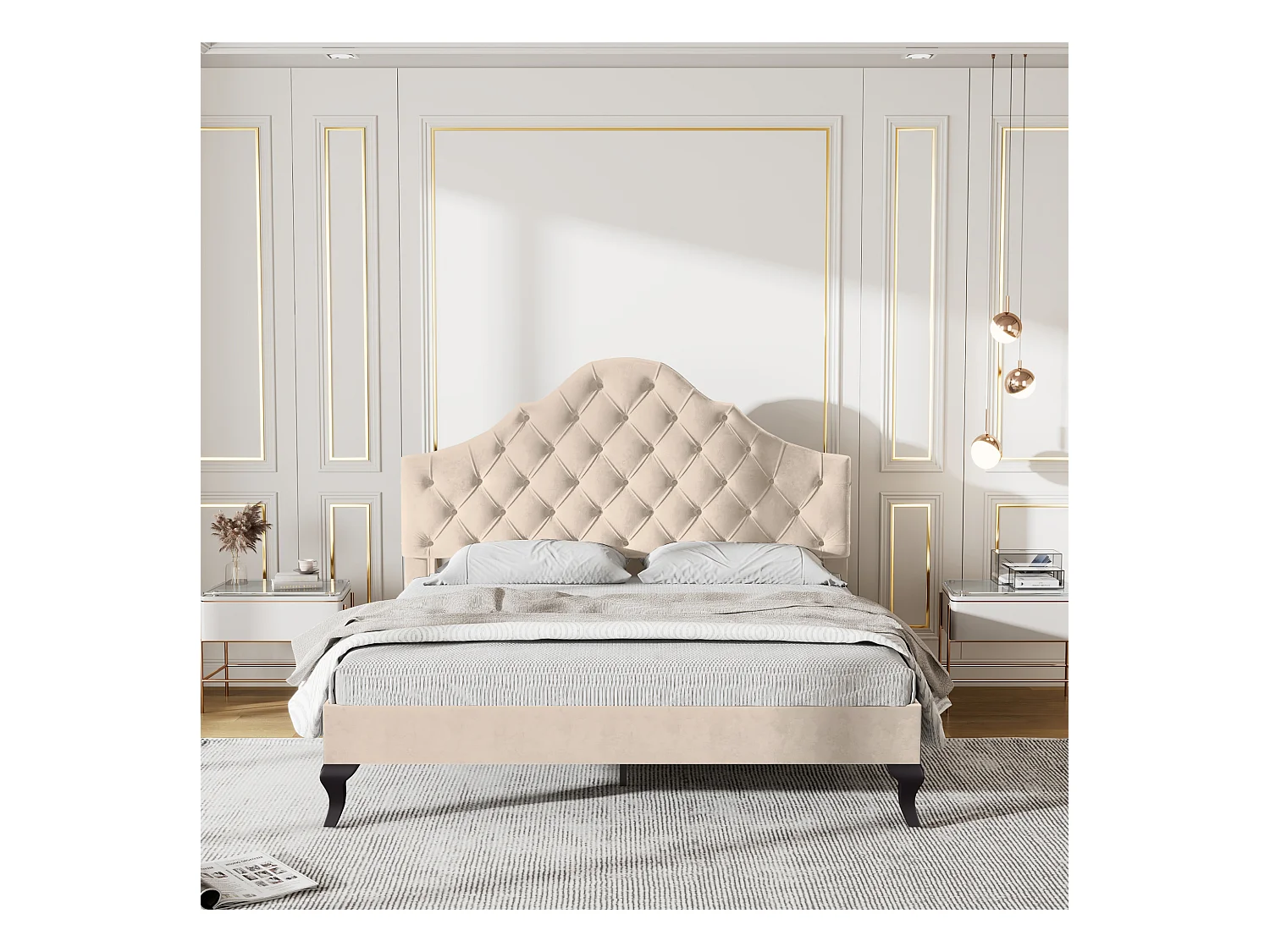 Gestoffeerd bed 140 x 190 met lattenbodem en verstelbaar hoofdeinde, voor volwassenen en tieners, fluweel, beige (lengte x breedte x hoogte cm)
