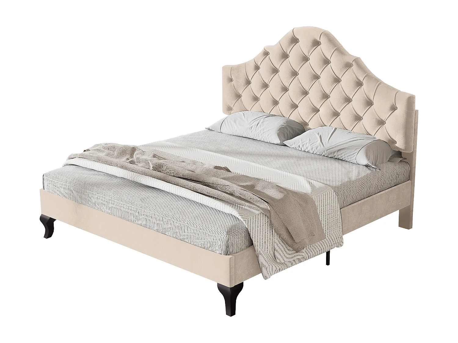 Gestoffeerd bed 140 x 190 met lattenbodem en verstelbaar hoofdeinde, voor volwassenen en tieners, fluweel, beige (lengte x breedte x hoogte cm)