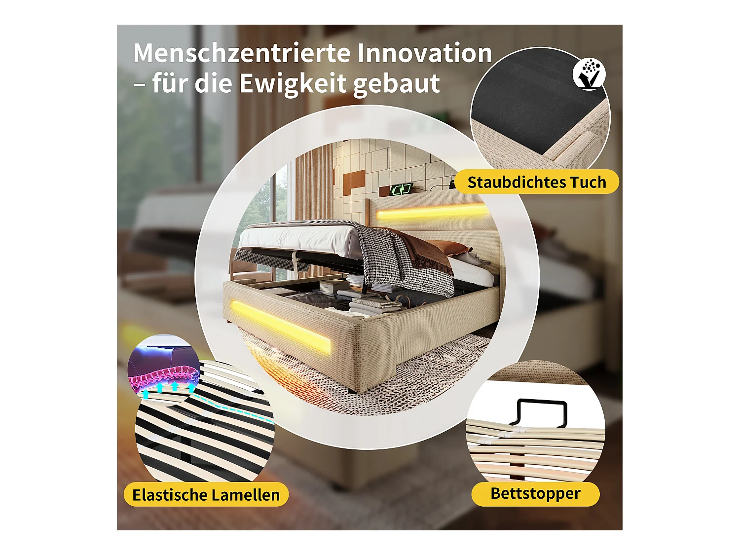 Lit 180x200 cm avec LED, stockage hydraulique, chargement USB Type-C, cadre métallique, lattes bois, lin beige (219x195x121 cm)