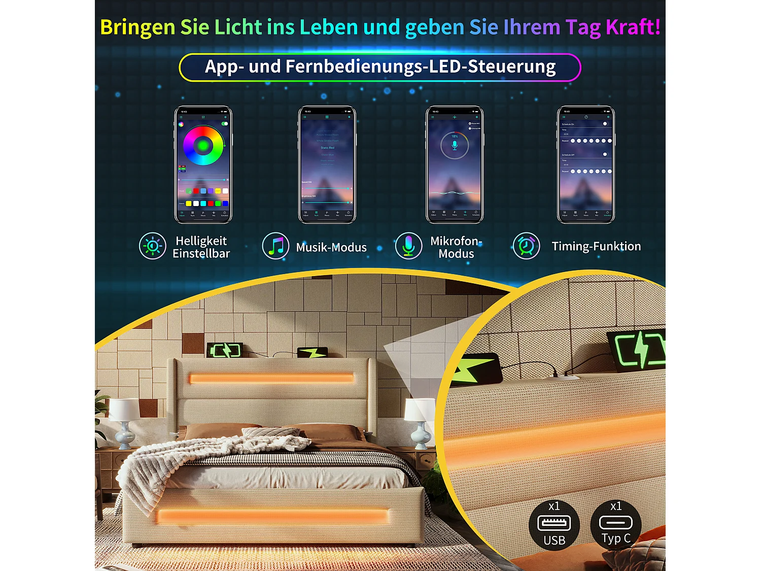 Lit 180x200 cm avec LED, stockage hydraulique, chargement USB Type-C, cadre métallique, lattes bois, lin beige (219x195x121 cm)