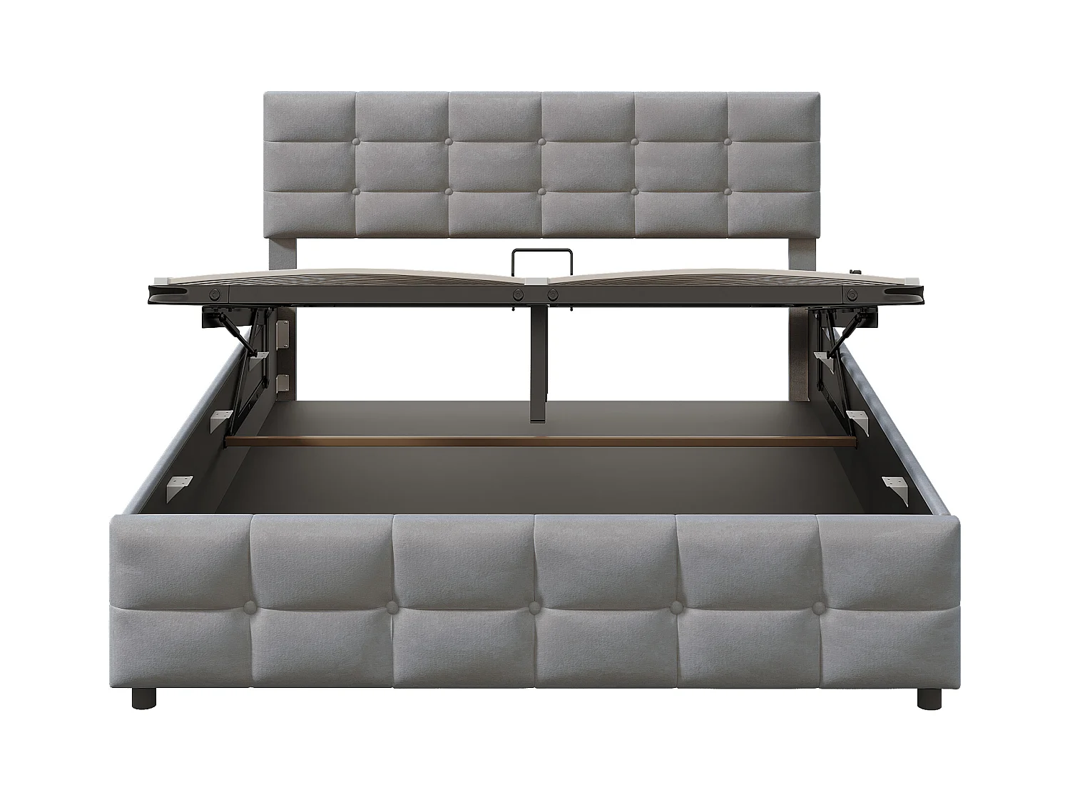 Lit 180x200cm, sommier à lattes, coffre hydraulique, velours hollandais gris (203x183.5x97.5cm)