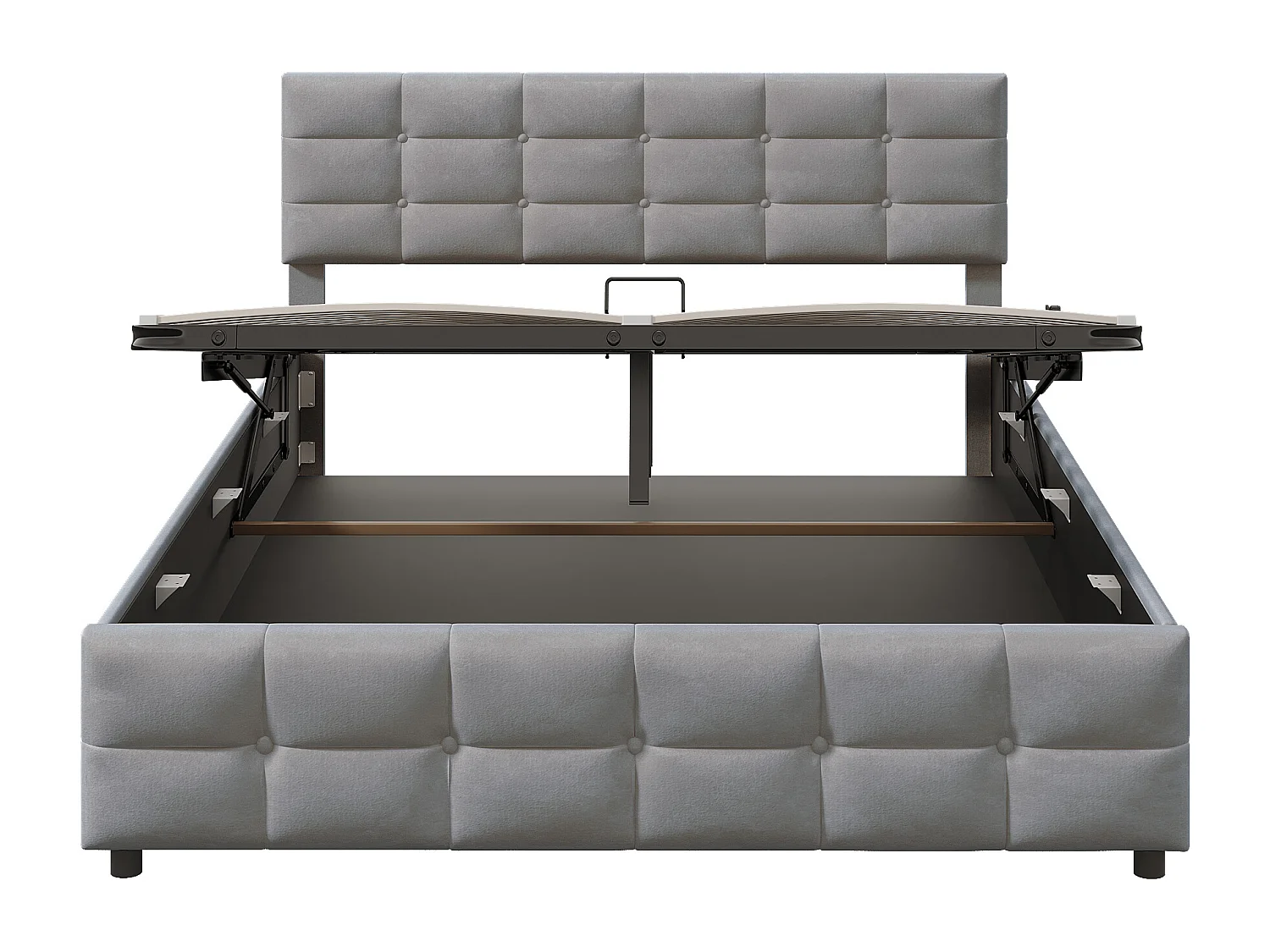 Lit 180x200cm, sommier à lattes, coffre hydraulique, velours hollandais gris (203x183.5x97.5cm)