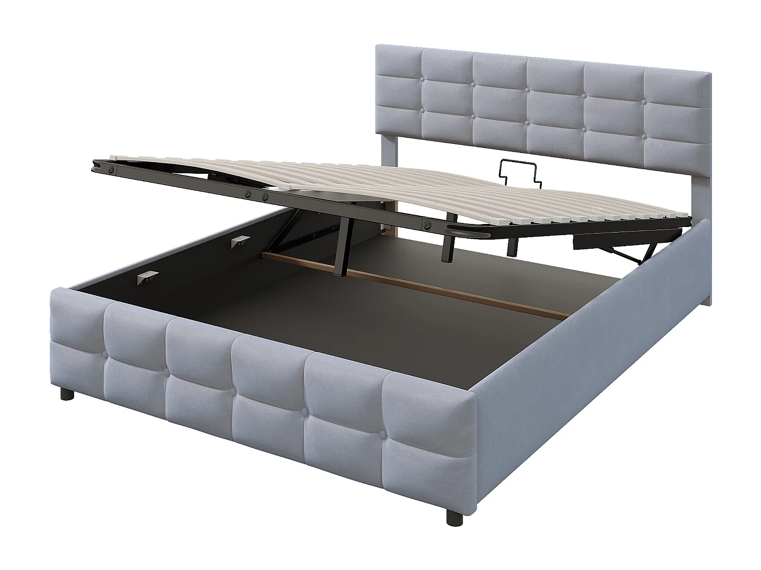 Lit 180x200cm, sommier à lattes, coffre hydraulique, velours hollandais gris (203x183.5x97.5cm)