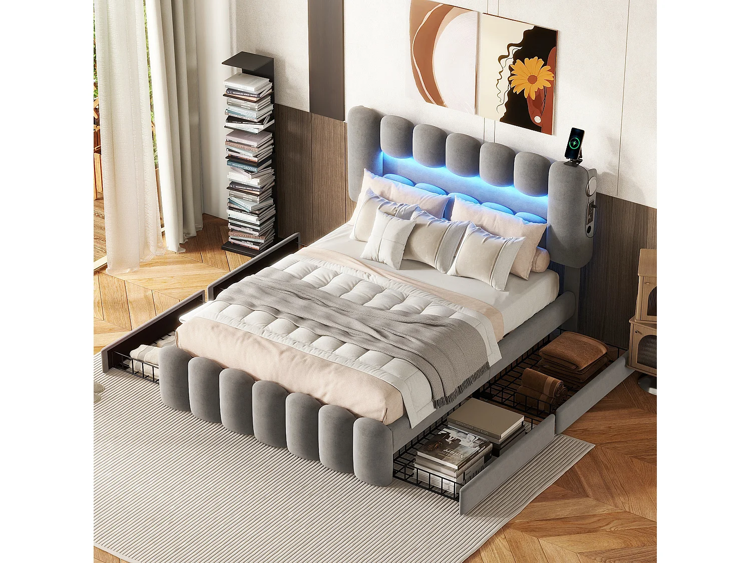 Lit 140x200 cm avec 4 tiroirs, LED et USB, tissu, gris (222x151x124 cm)