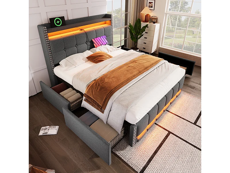 Bed 140 x 200 cm met LED en USB, hoofdbord met opbergruimte en 4 lades, grijze linnen stof (221 x 150 x 115 cm)