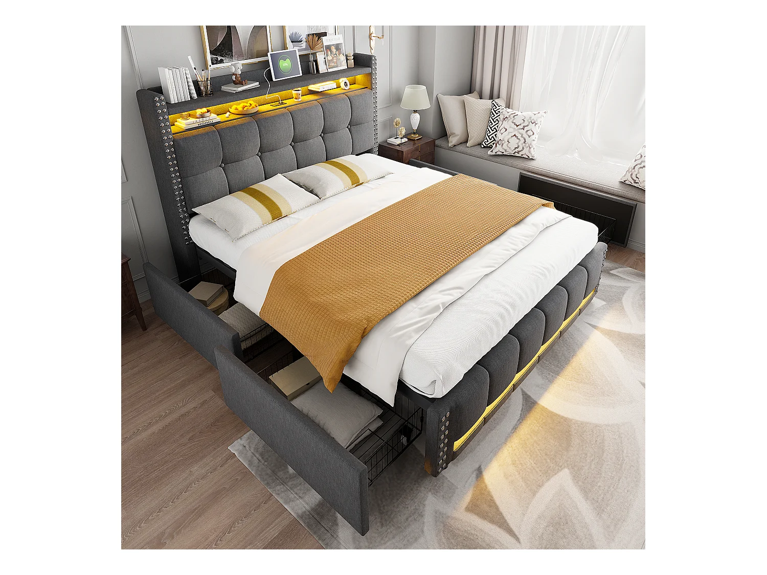 Bed 140 x 200 cm met LED en USB, hoofdbord met opbergruimte en 4 lades, grijze linnen stof (221 x 150 x 115 cm)