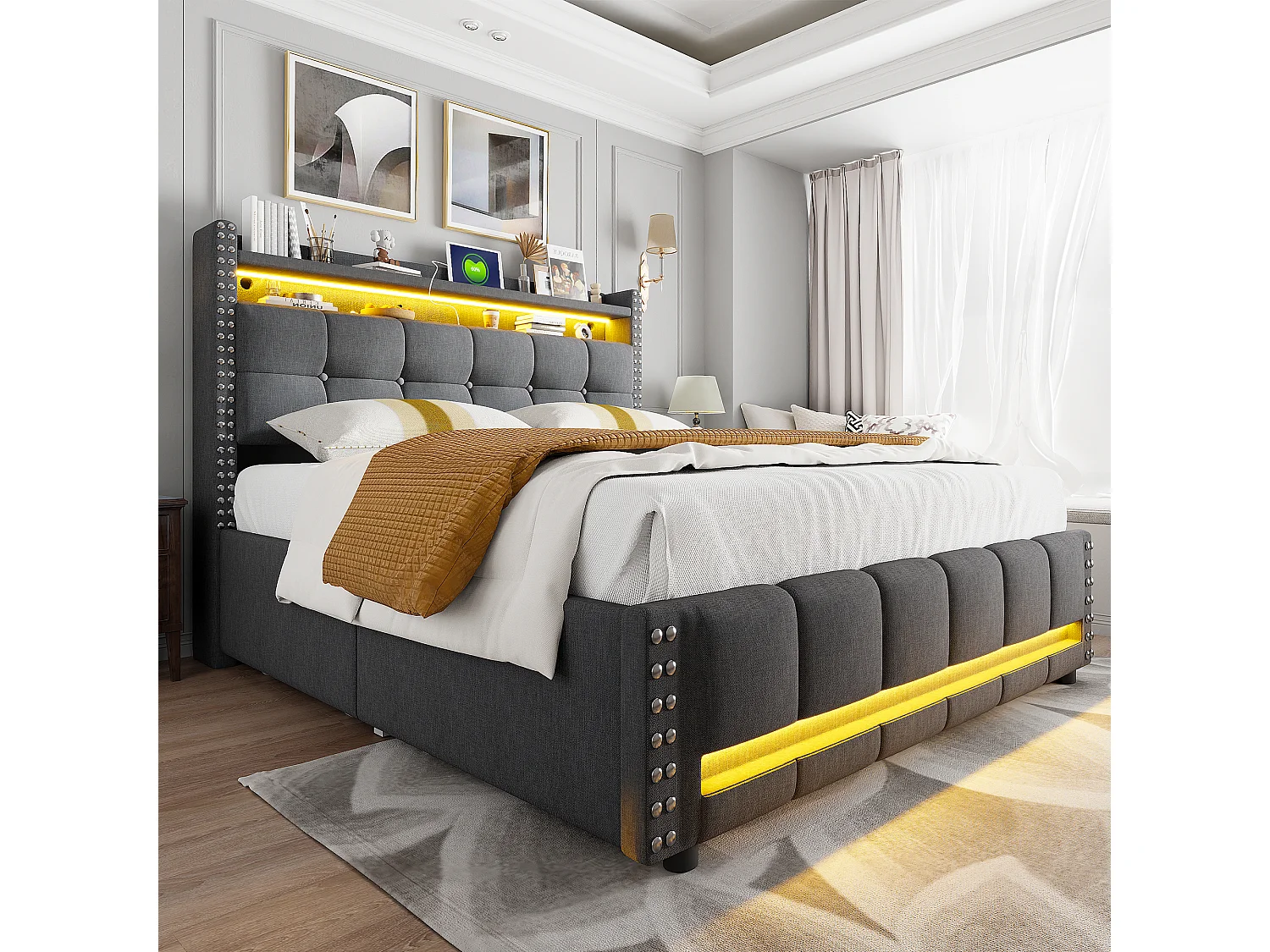 Bed 140 x 200 cm met LED en USB, hoofdbord met opbergruimte en 4 lades, grijze linnen stof (221 x 150 x 115 cm)