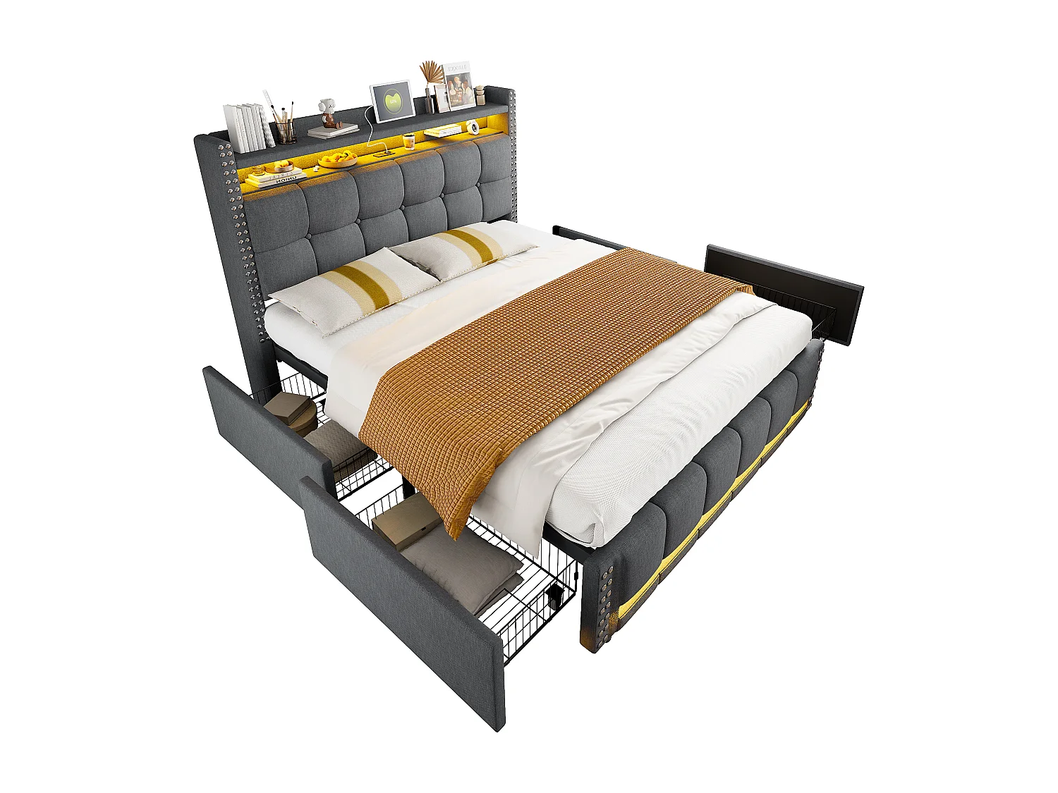 Bed 140 x 200 cm met LED en USB, hoofdbord met opbergruimte en 4 lades, grijze linnen stof (221 x 150 x 115 cm)