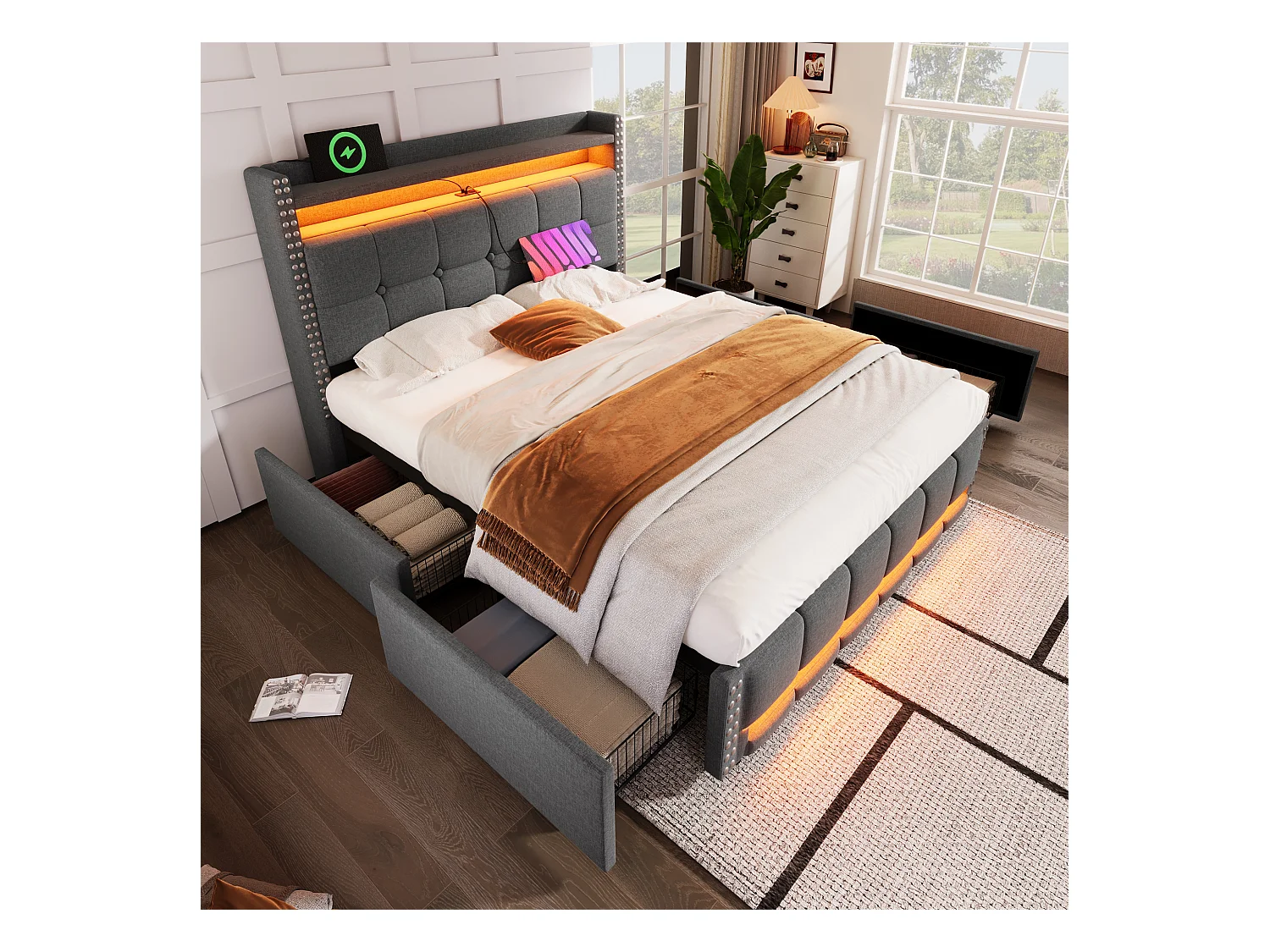Bed 140 x 200 cm met LED en USB, hoofdbord met opbergruimte en 4 lades, grijze linnen stof (221 x 150 x 115 cm)