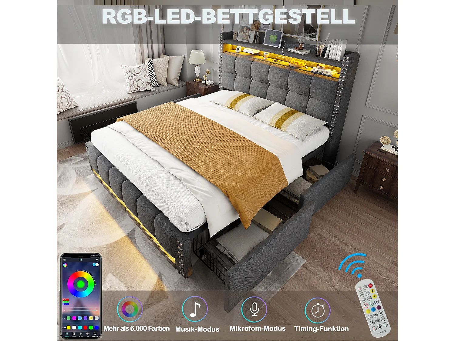 Lit 140 x 200 cm avec LED et USB, tête de lit avec rangement et 4 tiroirs, tissu lin gris (221 x 150 x 115 cm)