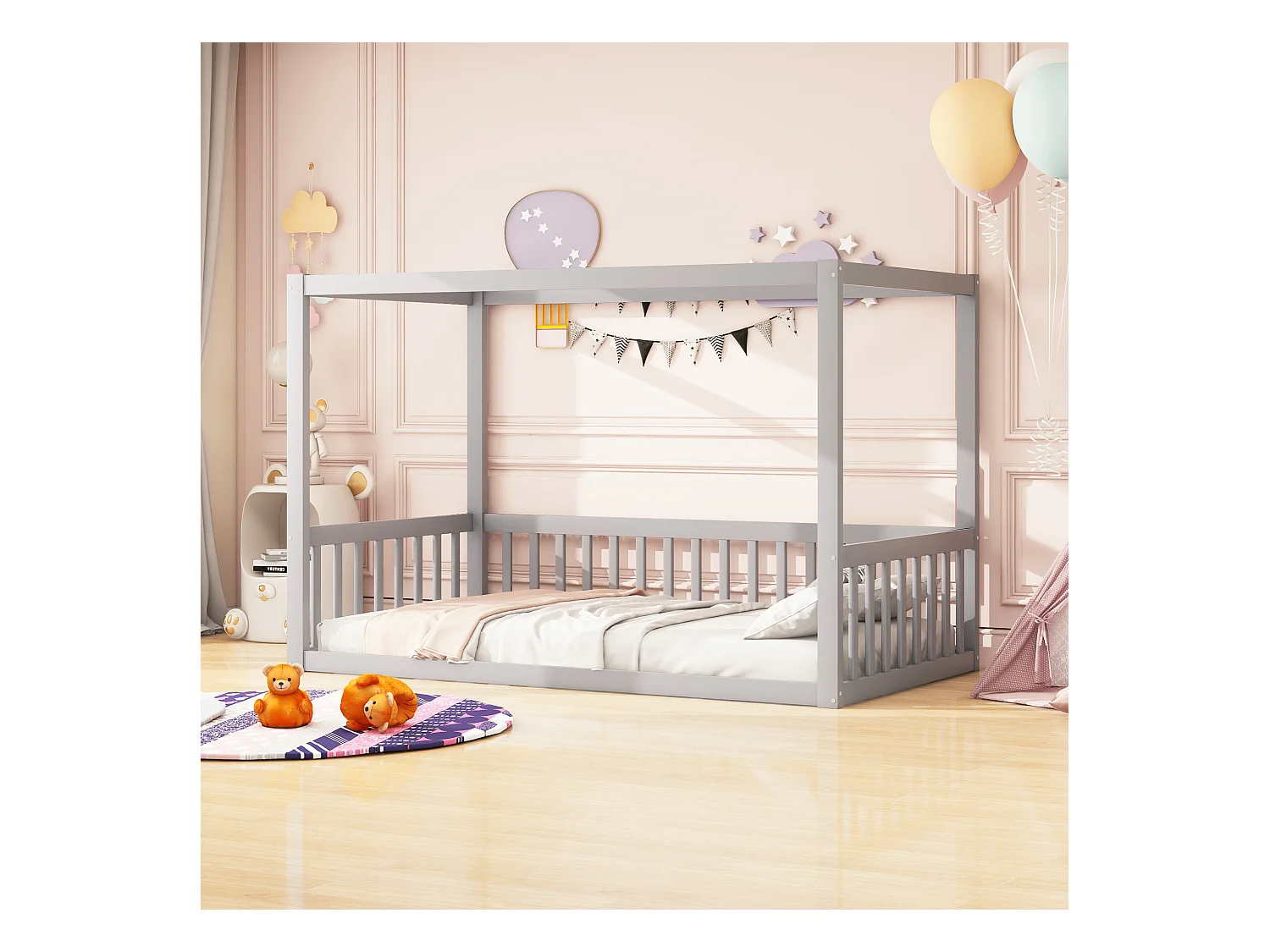 Cama con dosel de 90 x 200 cm, de madera maciza, para niños y adolescentes, color gris (205 x 95 x 135 cm)