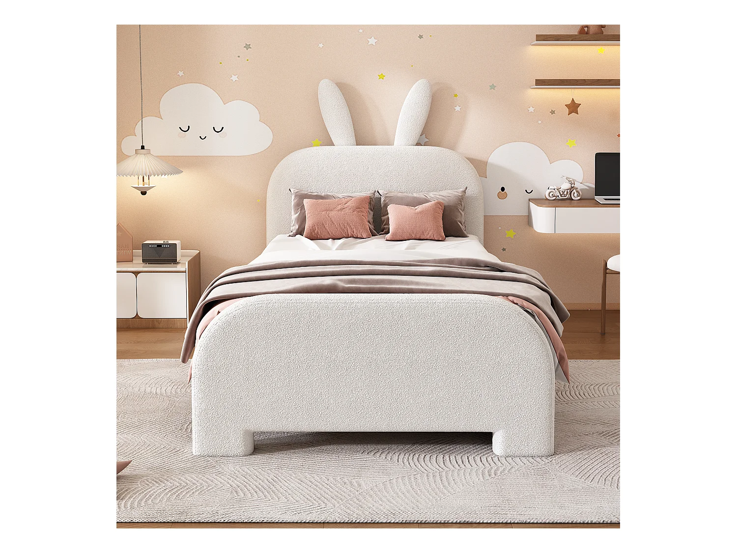 Letto piano 90\200 cm, a forma di coniglio dei cartoni animati, con 2 cassetti, in resistente pelliccia di agnello, peluche, bianco (213x101x116 cm)