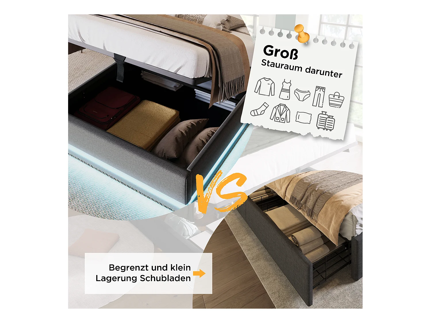 Eenpersoonsbed 90\200 cm, katoengrijs, met hydraulische opbergruimte, USB Type-C hoofdbord en 3-zijdige LED-functie (zonder matras)