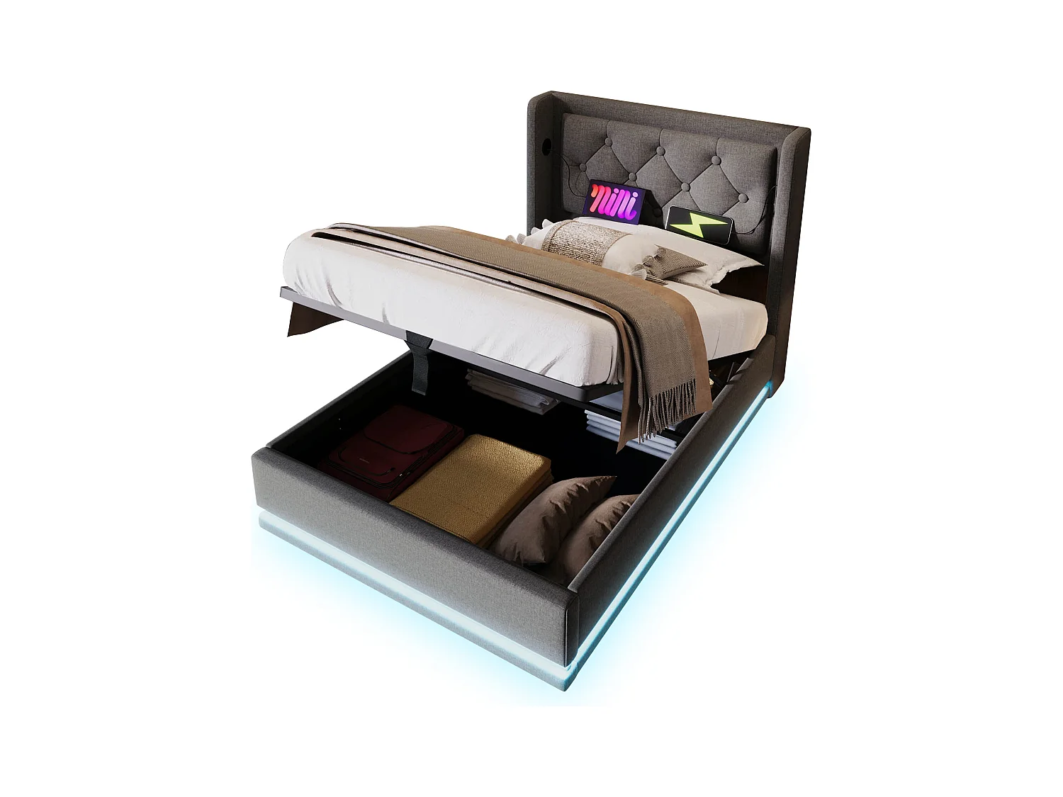 Eenpersoonsbed 90\200 cm, katoengrijs, met hydraulische opbergruimte, USB Type-C hoofdbord en 3-zijdige LED-functie (zonder matras)