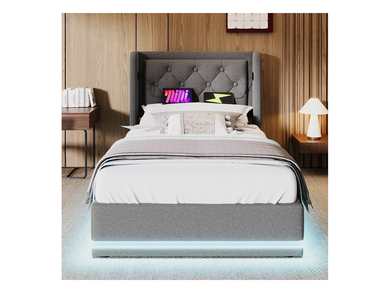 Eenpersoonsbed 90\200 cm, katoengrijs, met hydraulische opbergruimte, USB Type-C hoofdbord en 3-zijdige LED-functie (zonder matras)