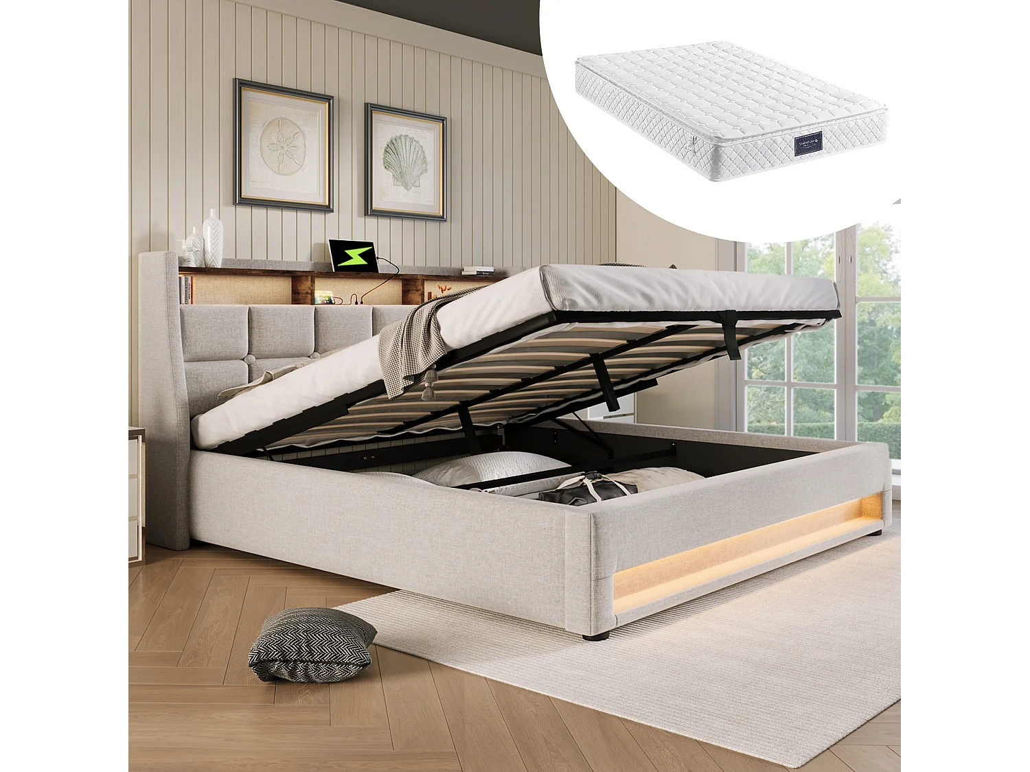 Lit avec LED, USB, 140x200 cm, cadre en lin avec sommier métallique, lit double, beige (Dimensions : 145x210x117 cm)