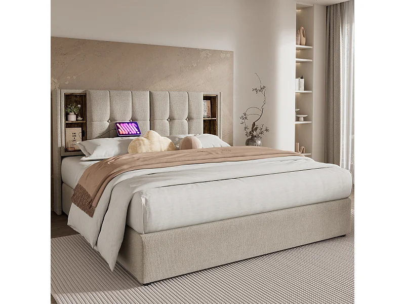 Cama doble con cargador inalámbrico USB-C, estructura tapizada en lino natural, almacenaje integrado, 180x200cm (206x185x100,5cm)