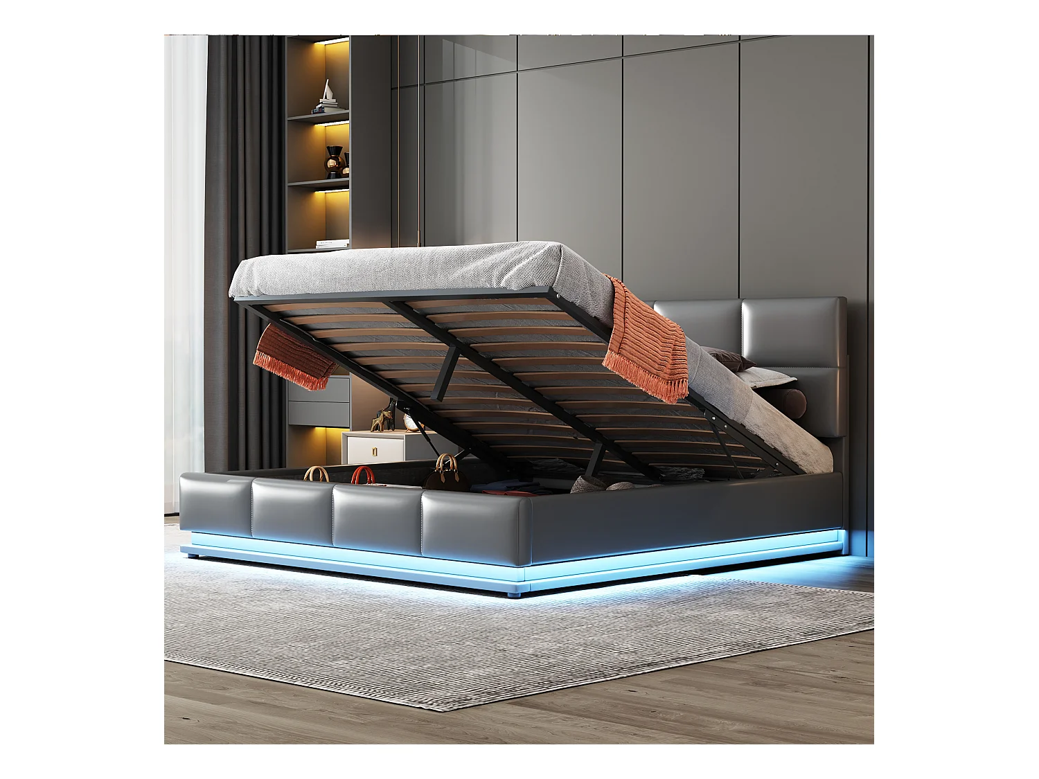 Lit tapissé 160x200cm avec LED, sommier métallique, coffre de rangement hydraulique, velours gris (203x145x114cm)